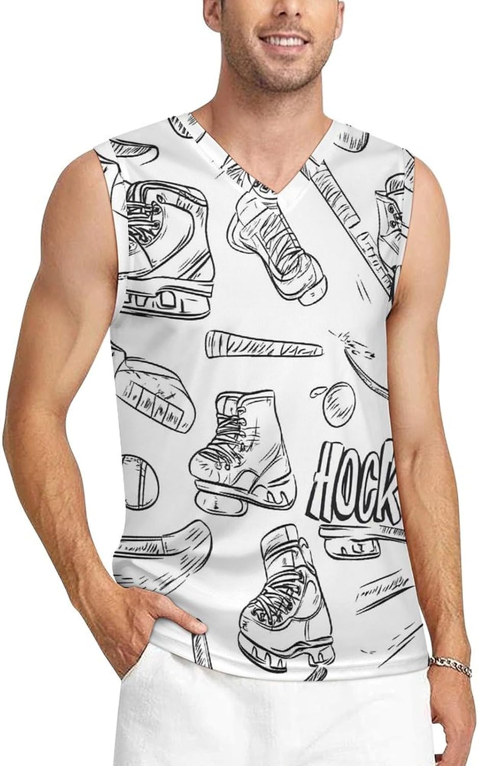 Hockey Skates and Ice Pucks Men's V-Neck Basketball Tank Top Sleeveless Workout Tank Shirts Gym Fitness Tees Vest