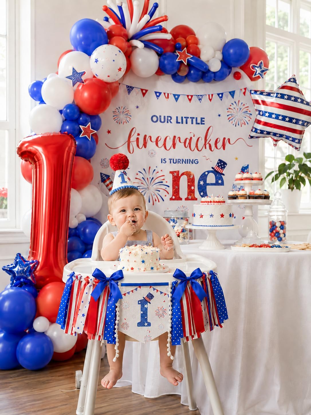 One Little Firecracker 1st Birthday Decorations for Boys,One All American Boy 1st Birthday Party Supplies,Independence Day 4th of July Patriotic Red White and Blue Balloon Garland for One Year Old Boy