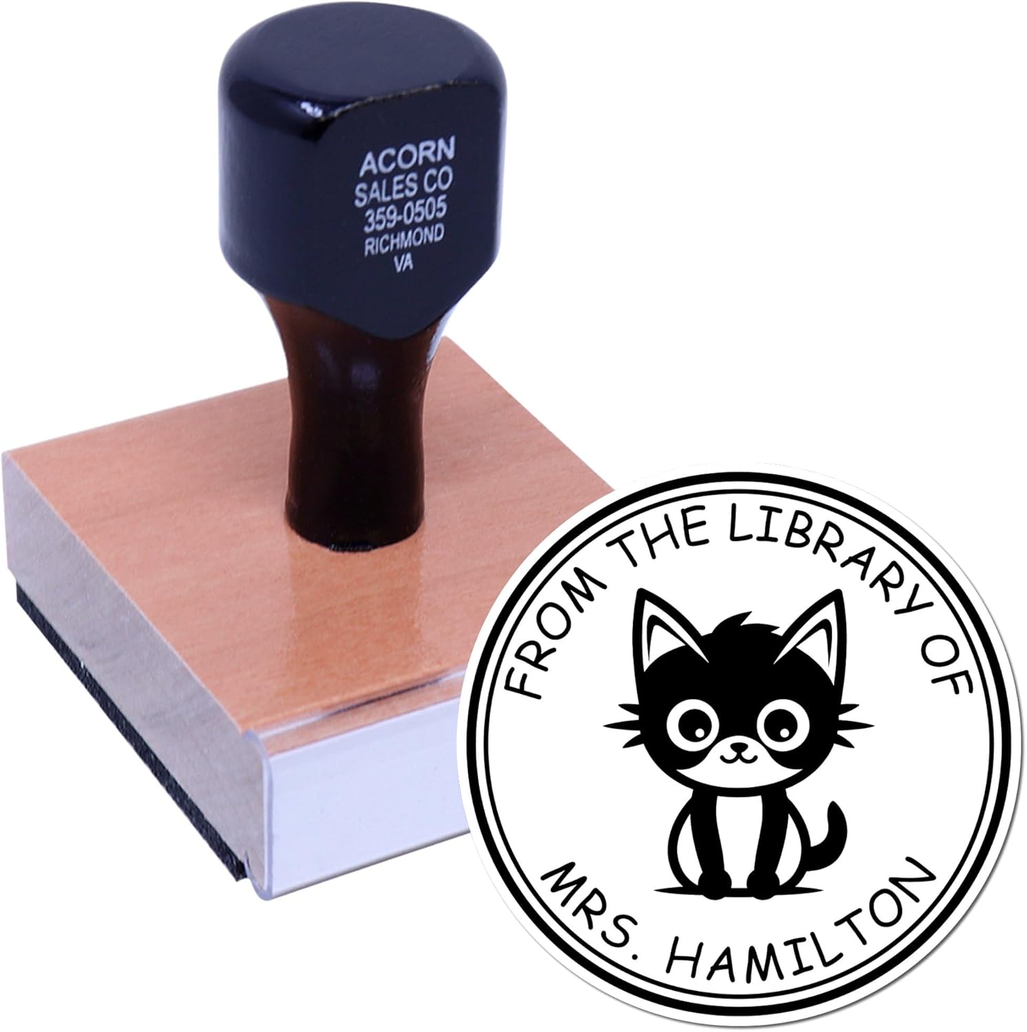 Custom Made Book Library Stamp With Playful Kitty Design - Wood Handle, 1-5/8 Size - Ideal for Bibliophiles, Unique Cat Design, Personalized Belongs to Stamp for Book Lovers