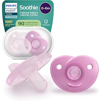 Philips Avent Soothie Soothie Pacifier - One Piece Silicone Design Newborn Flexible Teat that Reduces Pressure on Teeth and Mouth BPA Free with Sterilisation Container Pack of 2 SCF099/27