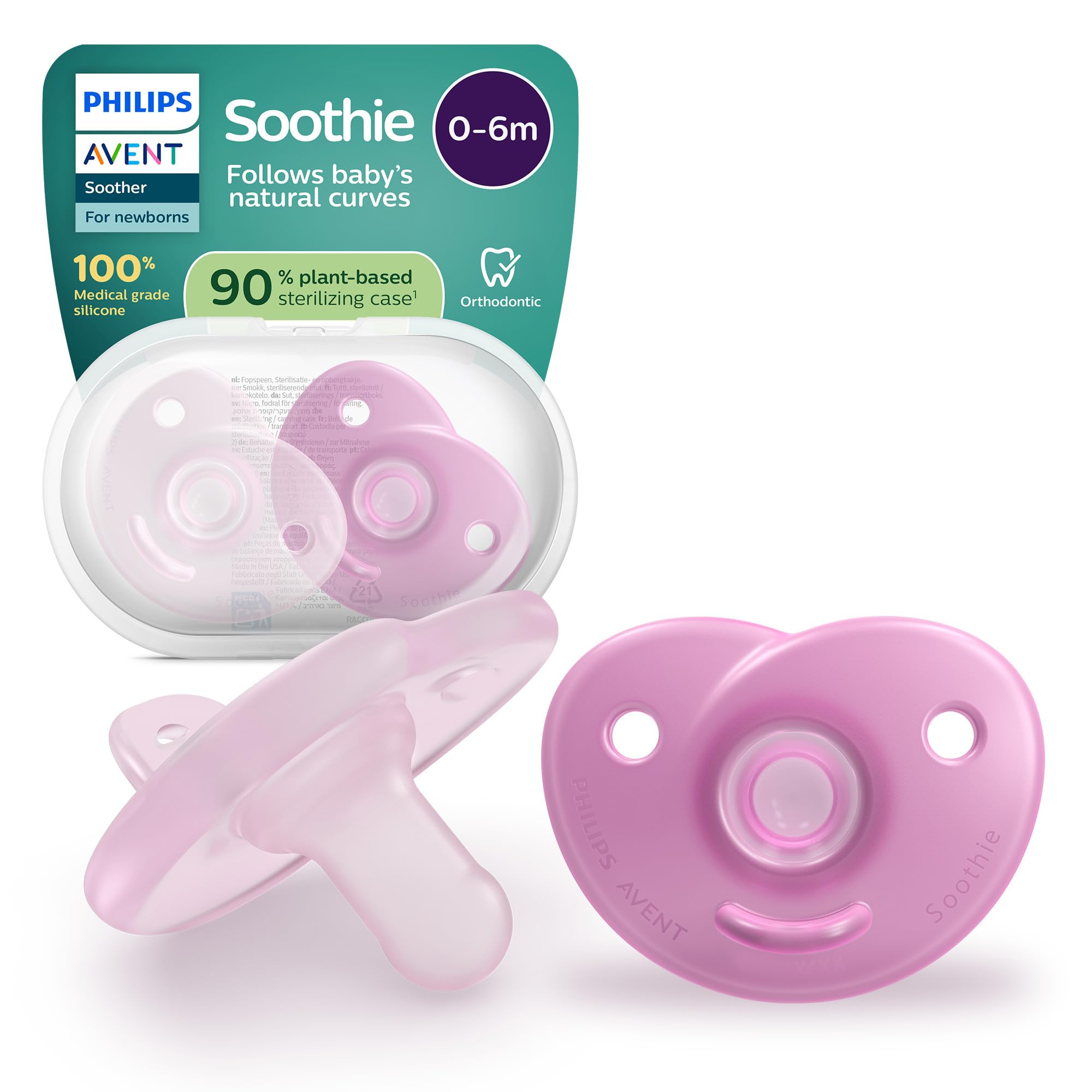 Philips Avent Soothie-Schnuller – einteiliges Silikondesign, für Neugeborene, flexibler Sauger, der den Druck auf Zähnen und Mund reduziert, BPA-frei, mit Sterilisationsbehälter, 2er-Pack, SCF099/27