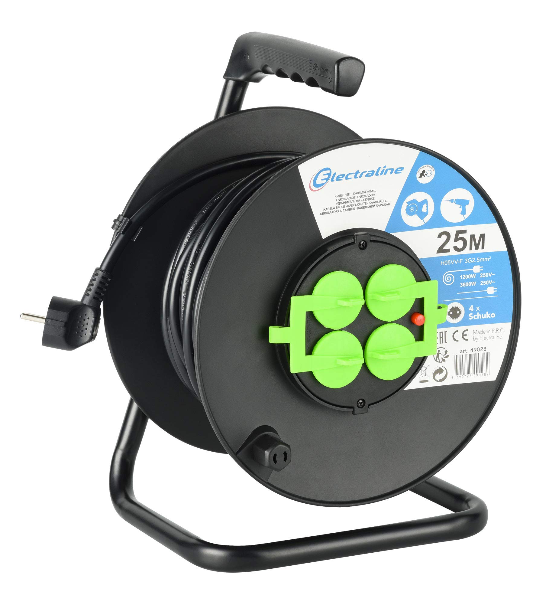 Electraline 49028 Enrouleur de câble Bricolage 25 m avec 4 Prises Schuko 3G2.5 Noir