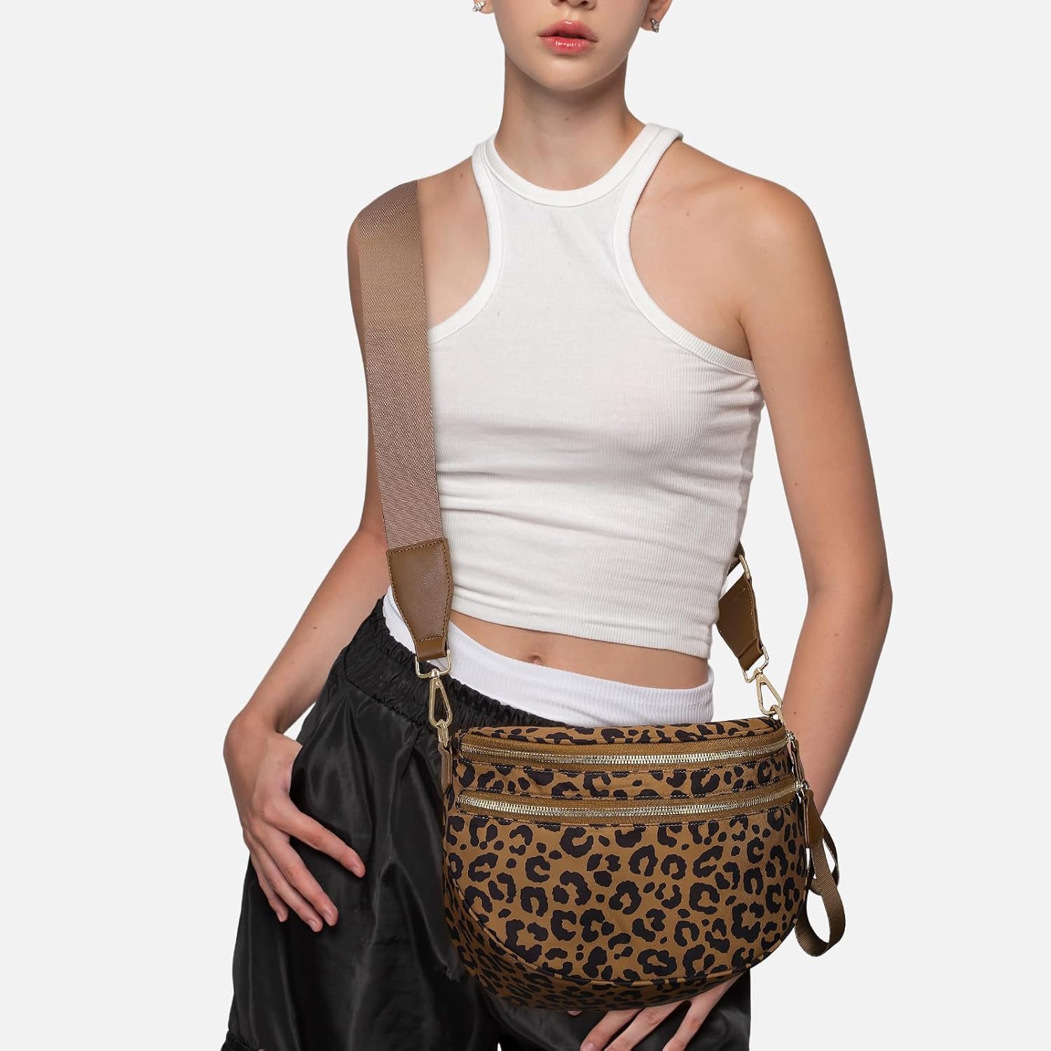 hibear Leopard Print Purse for Women Nylon Spacious Bum Bag Crossbody Waist Bag Fanny Pack Shoulder Bumbags - Image 2