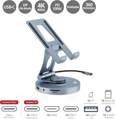 Miniatura 2 de SIIG Soporte USB-C para tablet - Estación de acoplamiento para iPad/Surface Pro 9/base giratoria/soporte plegable/4K60Hz HDMI, USB-A y USB-C 5Gbps,