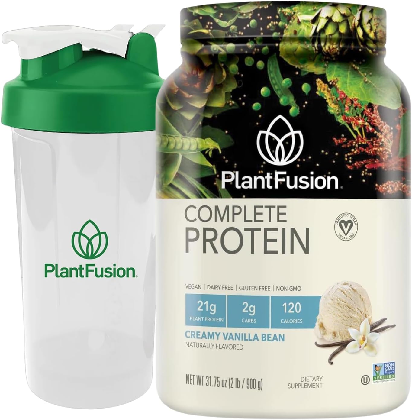 PlantFusion Vegan Protein Powder Vanilla Bean 2lb + 20oz BPA-Free Shaker Bottle – Complete Plant-Based Protein with BCAAs, Enzymes – Keto, Gluten-Free, Non-Dairy, Non-GMO