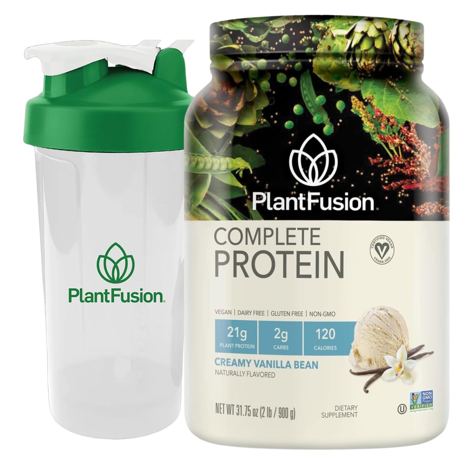 PlantFusion Vegan Protein Powder Vanilla Bean 2lb + 20oz BPA-Free Shaker Bottle – Complete Plant-Based Protein with BCAAs, Enzymes – Keto, Gluten-Free, Non-Dair