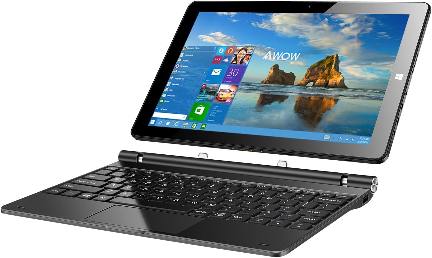 AWOW 10.1" 2 in 1 Laptop Tablet Notebook Windows 10 with Detachable Keyboard, Intel Quad Core 1.44Ghz CPU 4GB DDR3 64GB eMMC IPS 1280X800 Touch Screen Dual Camera Bluetooth 4.0/HDMI/MicroSD Black