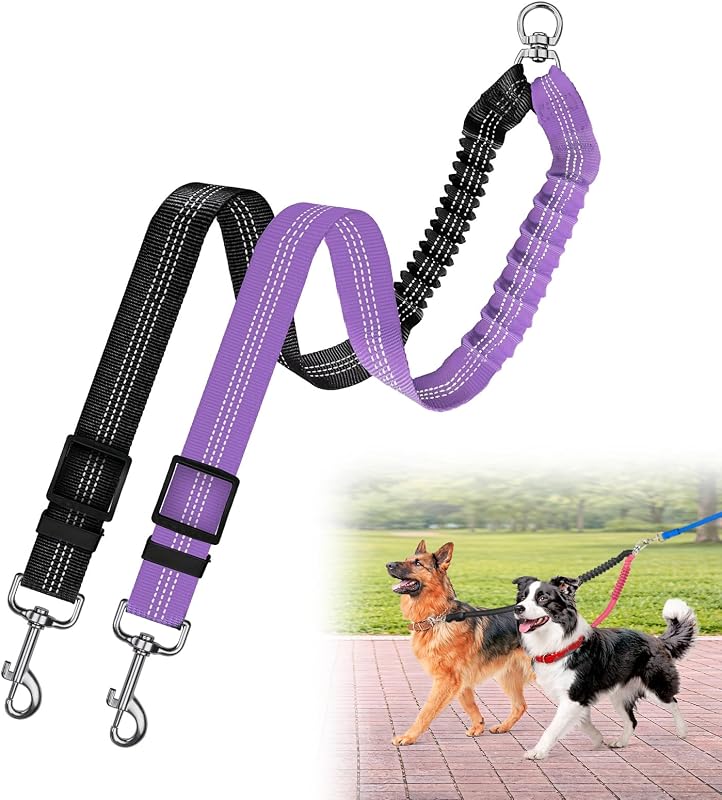 Guia Dupla para Dois Cães Caldzur com Engate Giratório 360°, Bungee e Ajuste Independente