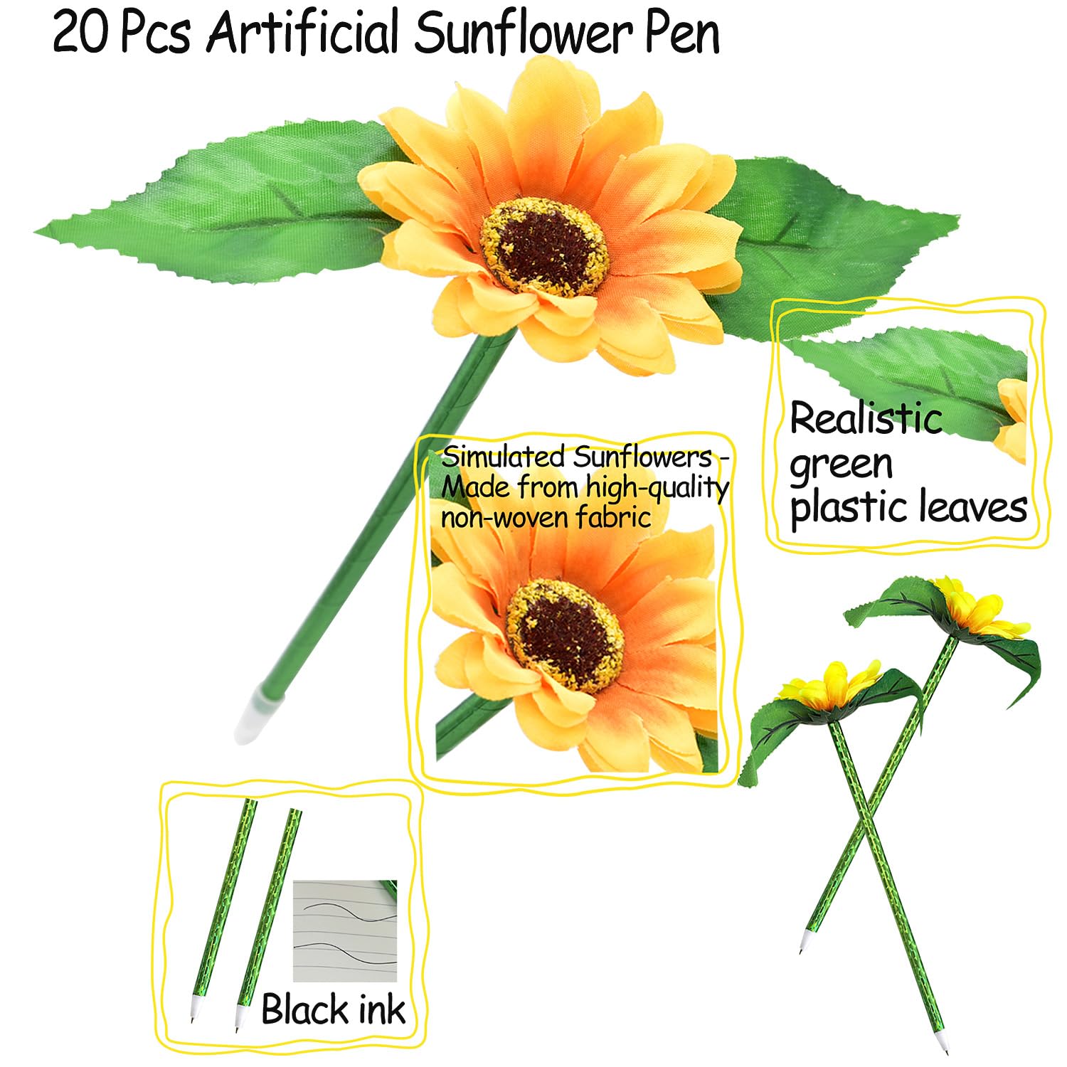 SIPLIV 20Pcs Artificial Sunflower Pens Creative Flower Ballpoint Pens Gel Ink Pen for School Office Home Teacher Student Present - Image 2