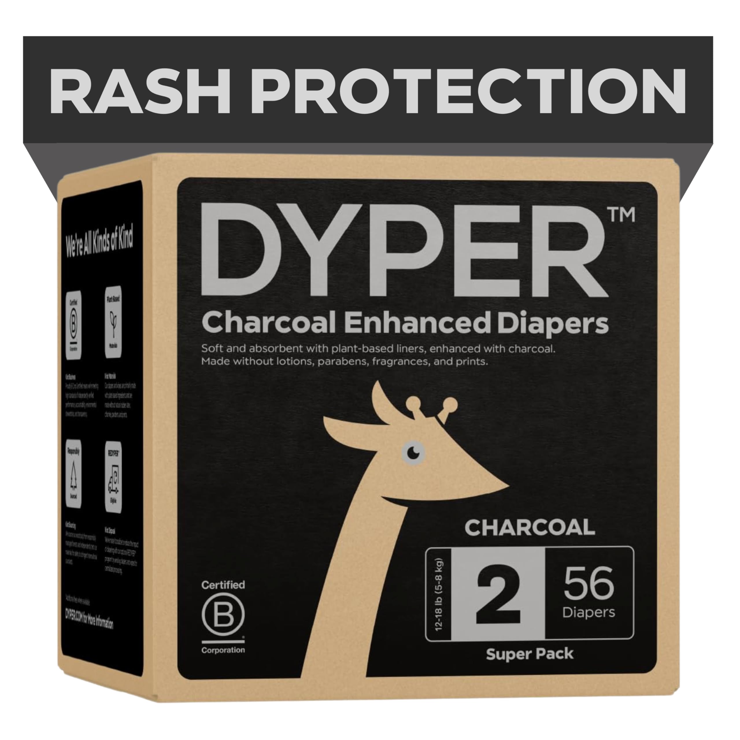 DYPER - Charcoal Enhanced Day & Overnight Disposable Baby Diapers - Made with Plant-Based* & Skin-Friendly Ingredients, Hypoallergenic for Sensitive Skin - Size 2, (56 Count)