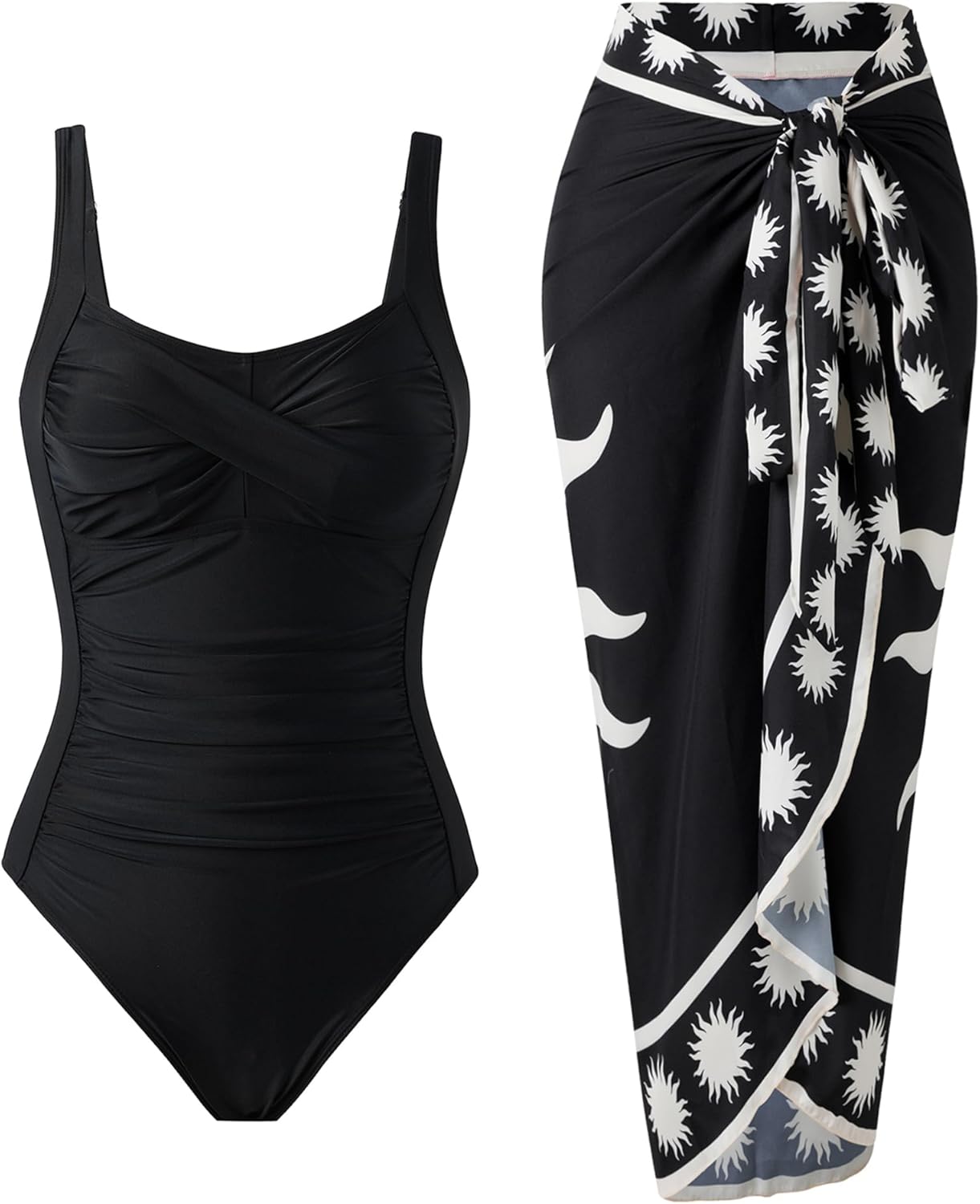 One Piece Swimsuit with Skirt Push Up Bathing Suit for Women Retro Wrap Cover Up Set