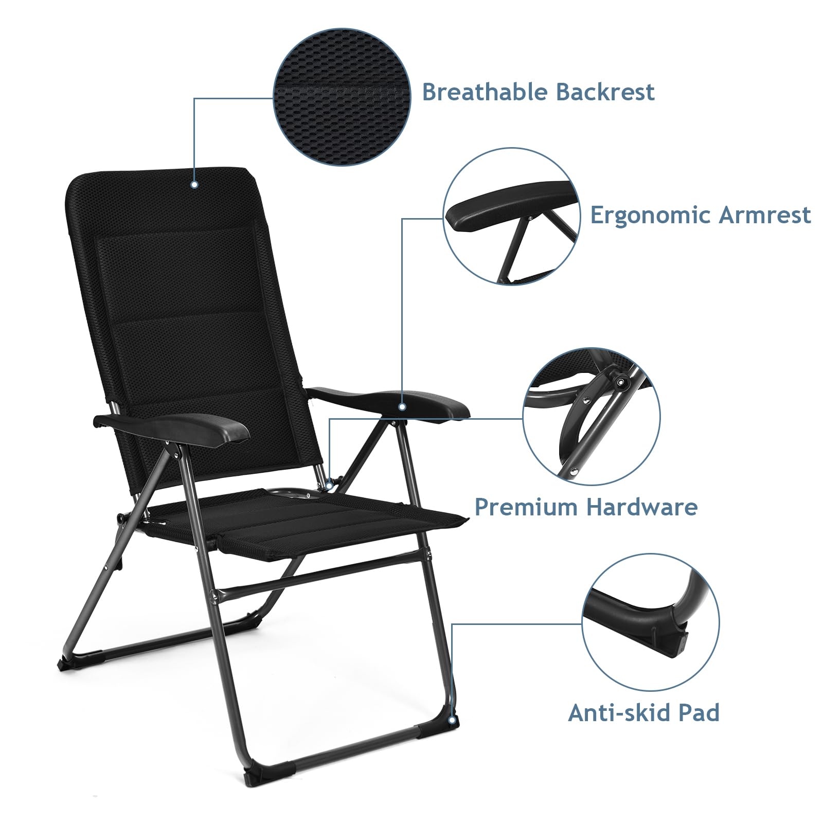 KOMFOTTEU Juego de 2 Sillas de Jardín Plegables, Sillas Acolchadas de Tela con Respaldo Reclinable de 7 Posiciones y Marco de Metal, Sillones de Camping para Piscina, Porche, Patio, Carga de 150 kg