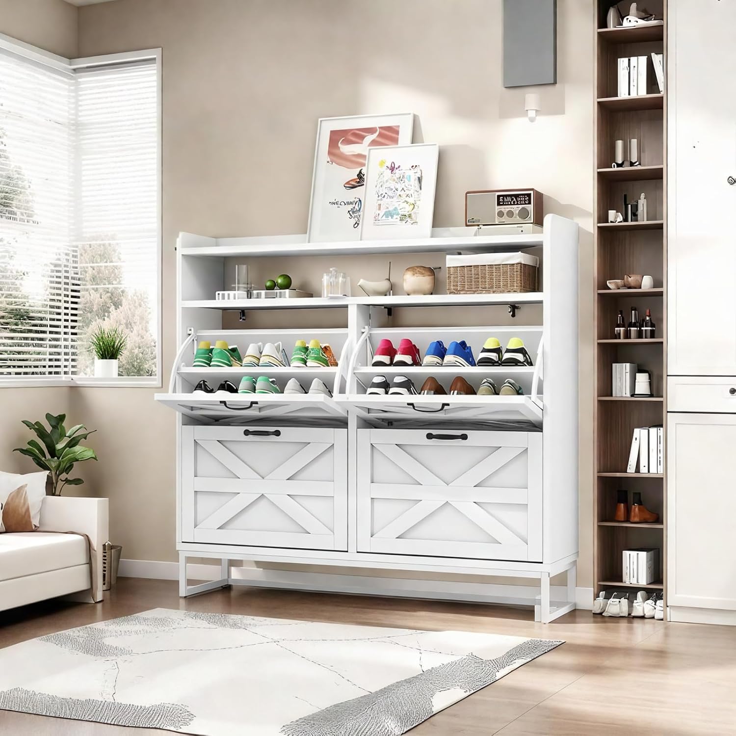 DWVO White Farmhouse Storage Shoe Cabinet in an entryway
