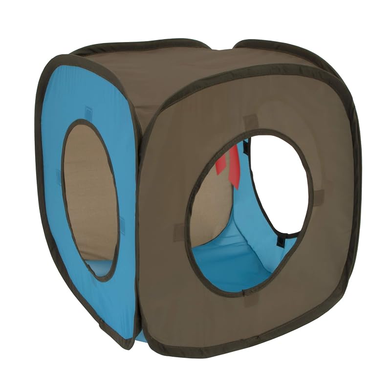 Cubo Rolante Dobrável para Gatos Kitty City com Aberturas e Brinquedo Pendente, Azul e Marrom, 1 unidade