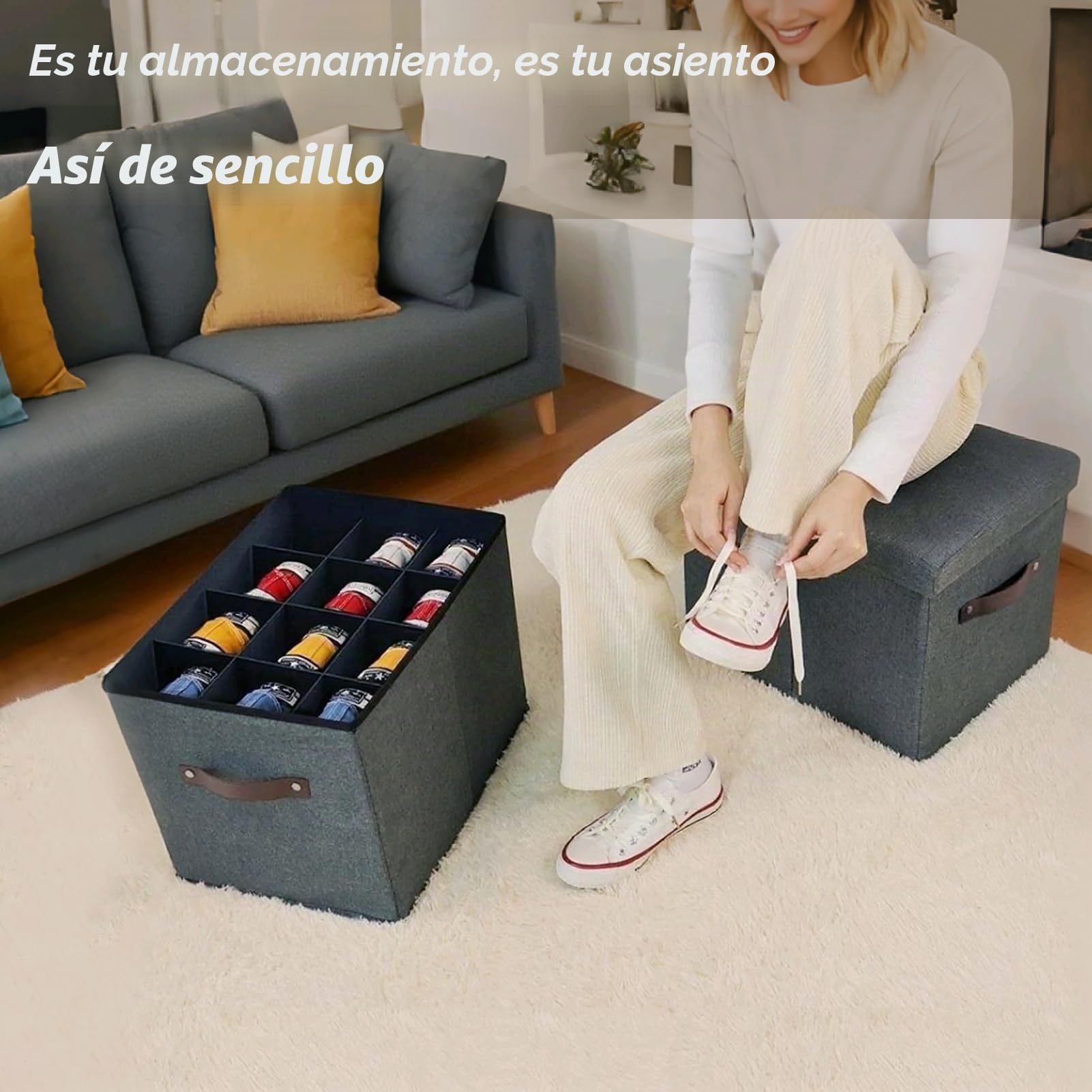 Banco otomano de almacenamiento, organizador con divisores ajustables con tapa para zapatos, ropa, juguete, manta, reposapiés plegable con almacenamiento para sala de estar y dormitorio