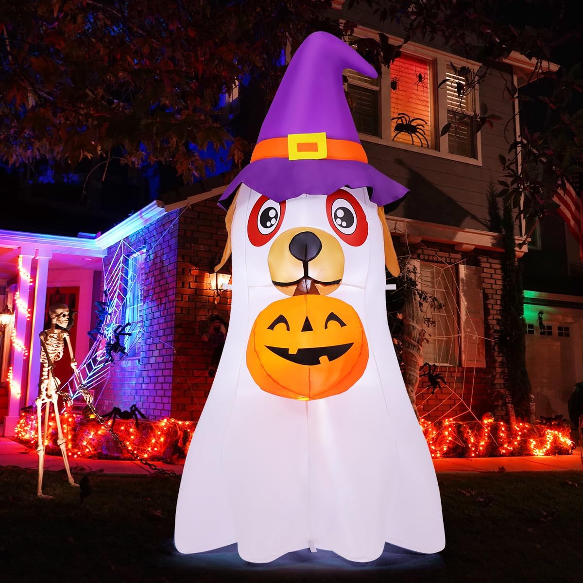 GOOSH 6.2 FT Halloween Inflatables Dog Outdoor Decorations Blow Up Yard Cute Puppy Ghost with Pumpkin with Built-in LEDs for Indoor Party Garden Lawn Holiday Decor