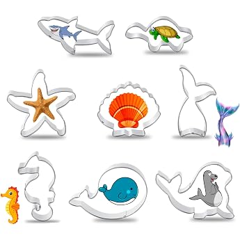Under the Sea 8 Pieces Cookie Cutters Set Shell Seahorse Shark Seal Whale Starfish Turtle and Mermaid Tail Mould for DIY Fondant Dough Sugar Pastry Cake Decoration