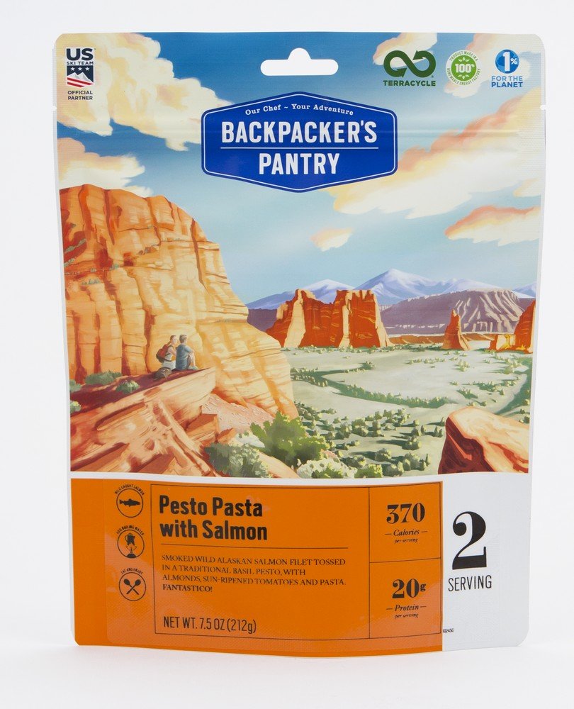 Backpacker's Pantry Pesto Pasta with Salmon, 2 Servings Per Pouch, Freeze Dried Food, 20 Grams of Protein