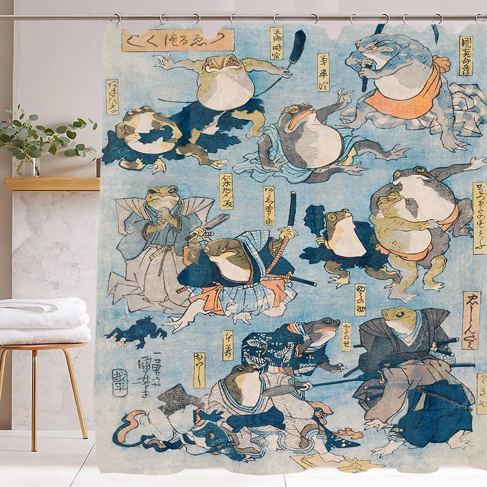 Linen Fabric Funny Frog Shower Curtain - Japanese Retro Bathroom Decor with 12 Hooks, Waterproof Natural Linen, 72x72 Inches