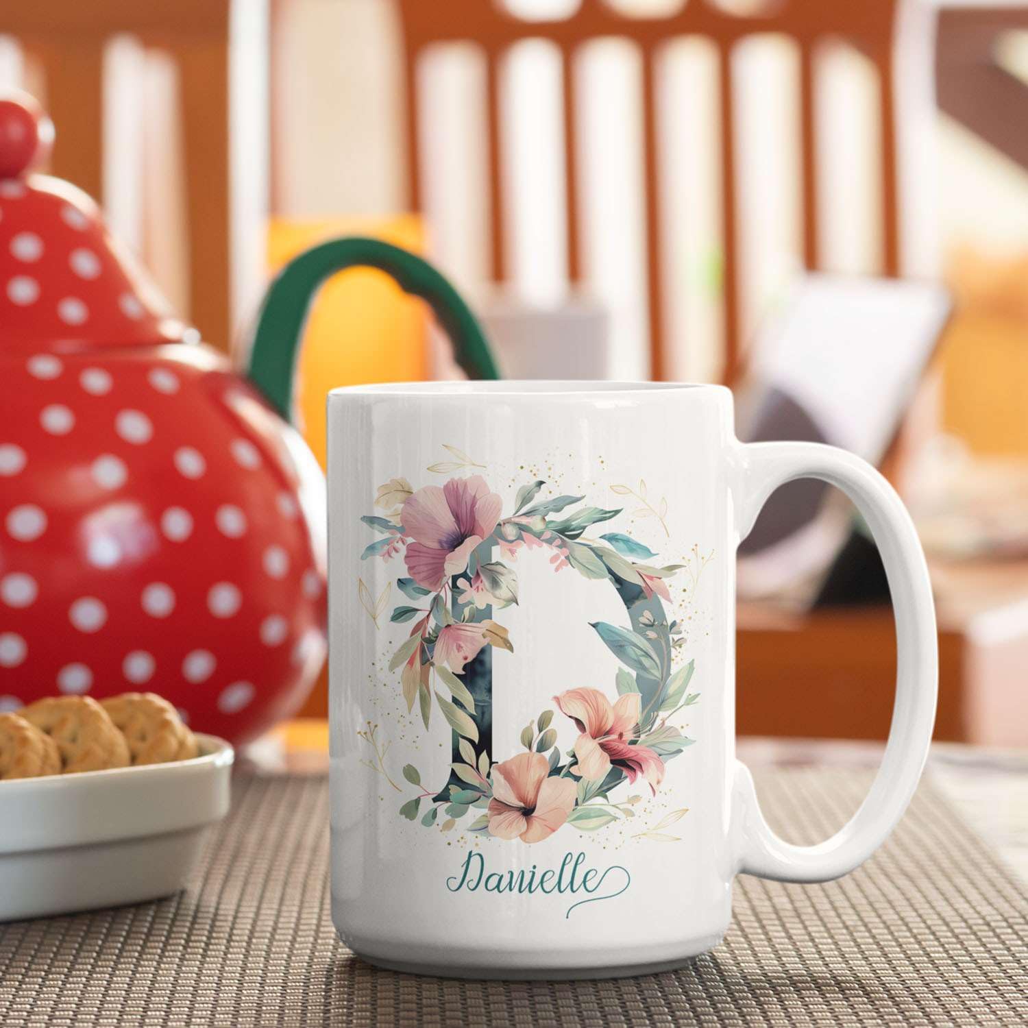 Amazon.com: Floral Alphabet Coffee Mugs, Customized Aqua Letter D 