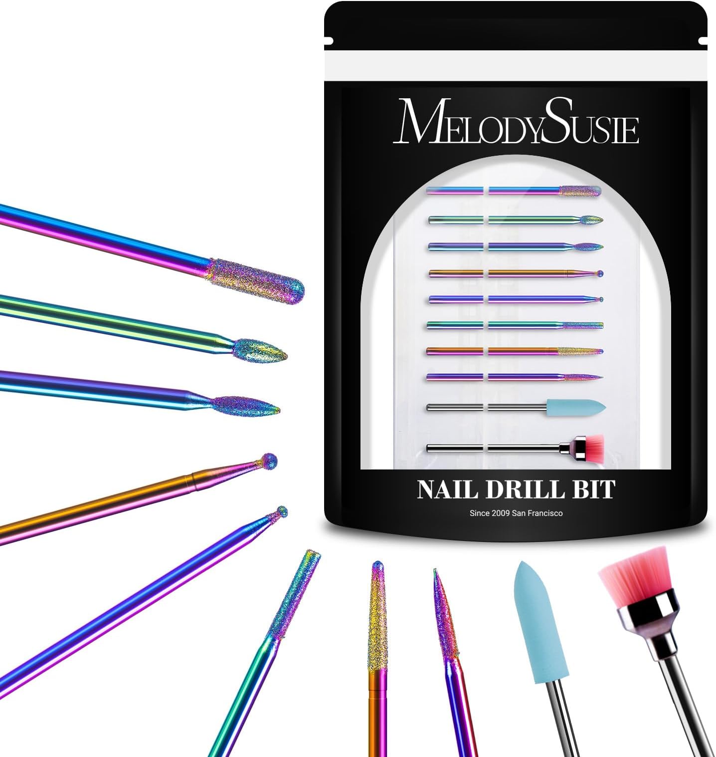 MelodySusie 10pcs Nail Drill Bits Set, 3/32 Inch Diamond Cuticle Bits for Nail Drill E-File, Manicure Pedicure Remover Tools for Acrylic Gel Nails, Salon Home Use Nail Care Supplies, Rainbow