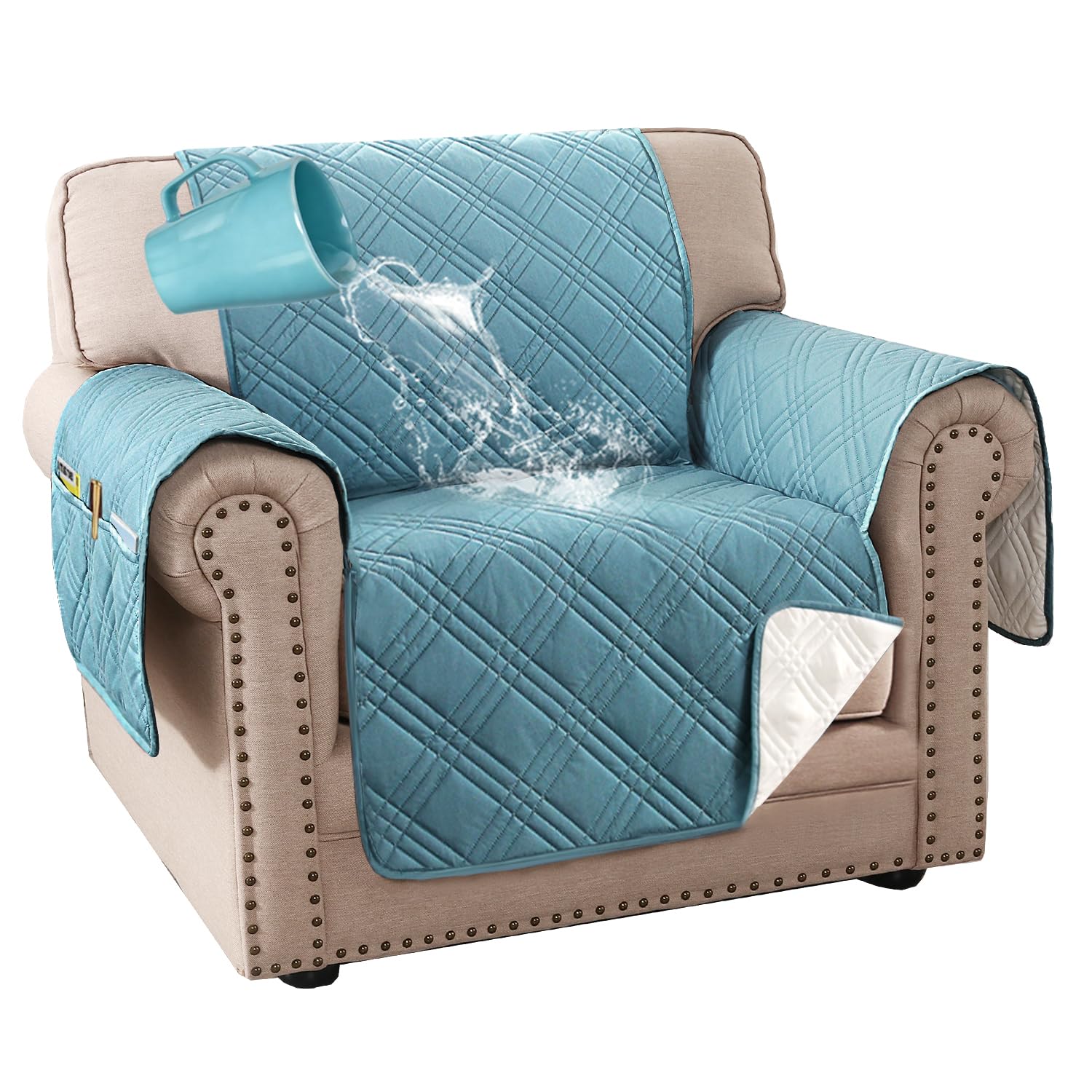 H.VERSAILTEX 100% Waterproof Arm Chair Cover Modern Armchair Slipcover Thick and Soft Chair Protectors Covers for Pets (Chair, Smoke Blue/Beige)