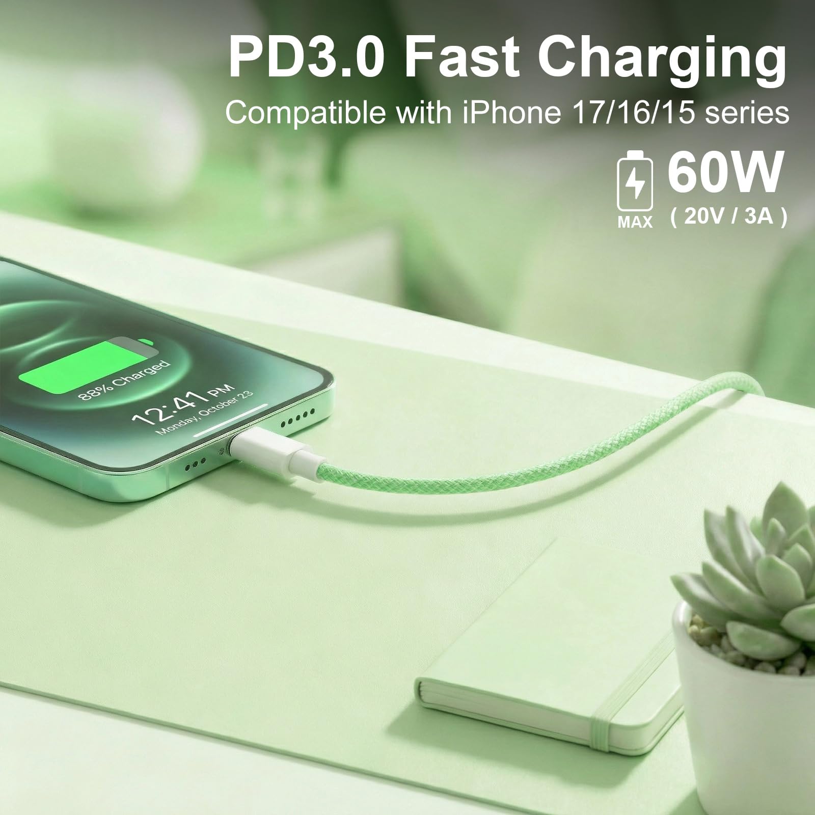 Cable de carga USB C a C, cable trenzado tipo C de carga rápida de 60 W para iPhone 15 Pro Max/MacBook Pro Air/iPad/Samsung Galaxy S24 (verde, 2 x 6.6 pies)