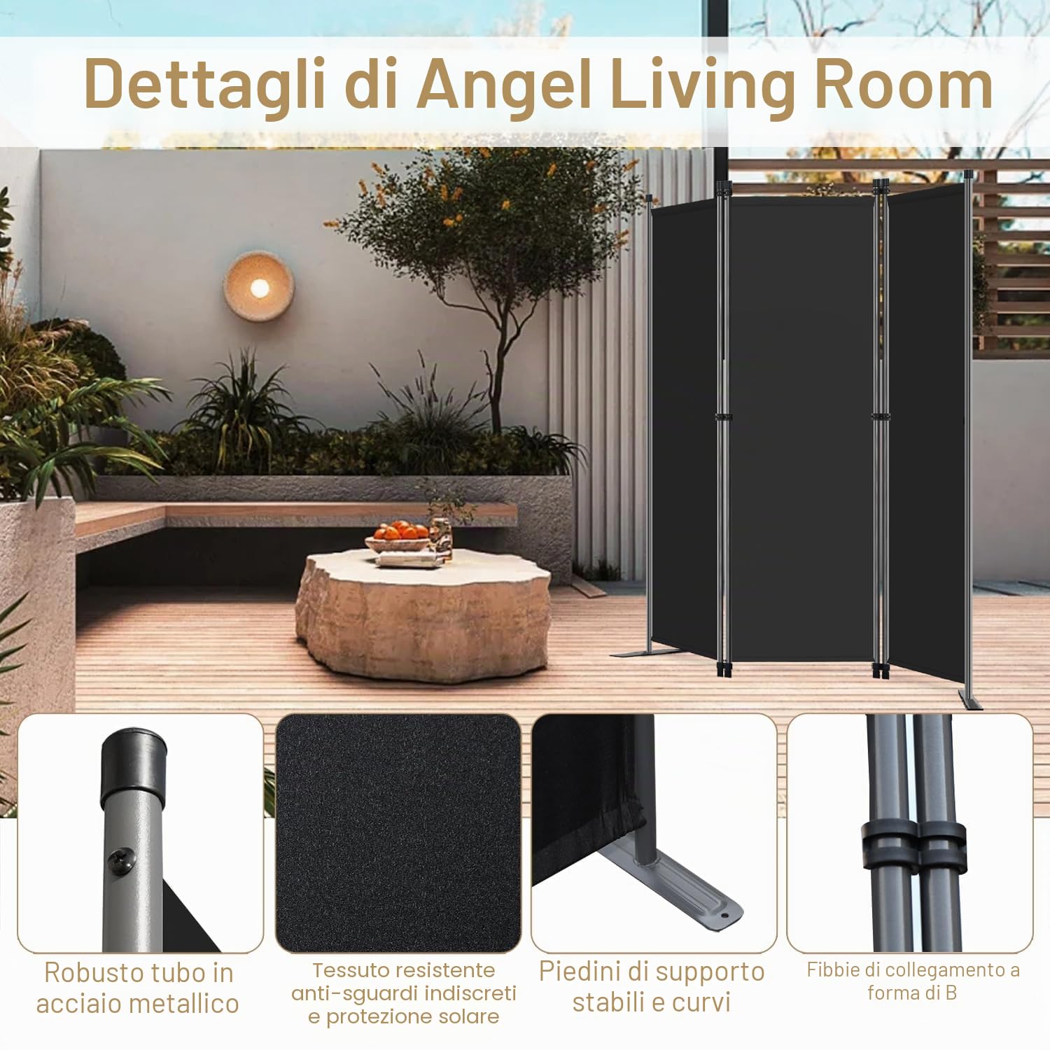 Angel Living Paravento Pieghevole di Design Intelligente, Divisori per Ambienti/Ambienti, Areti Divisorie, Divisori per Privacy (3 Pezzi 169x165 cm, Nero)