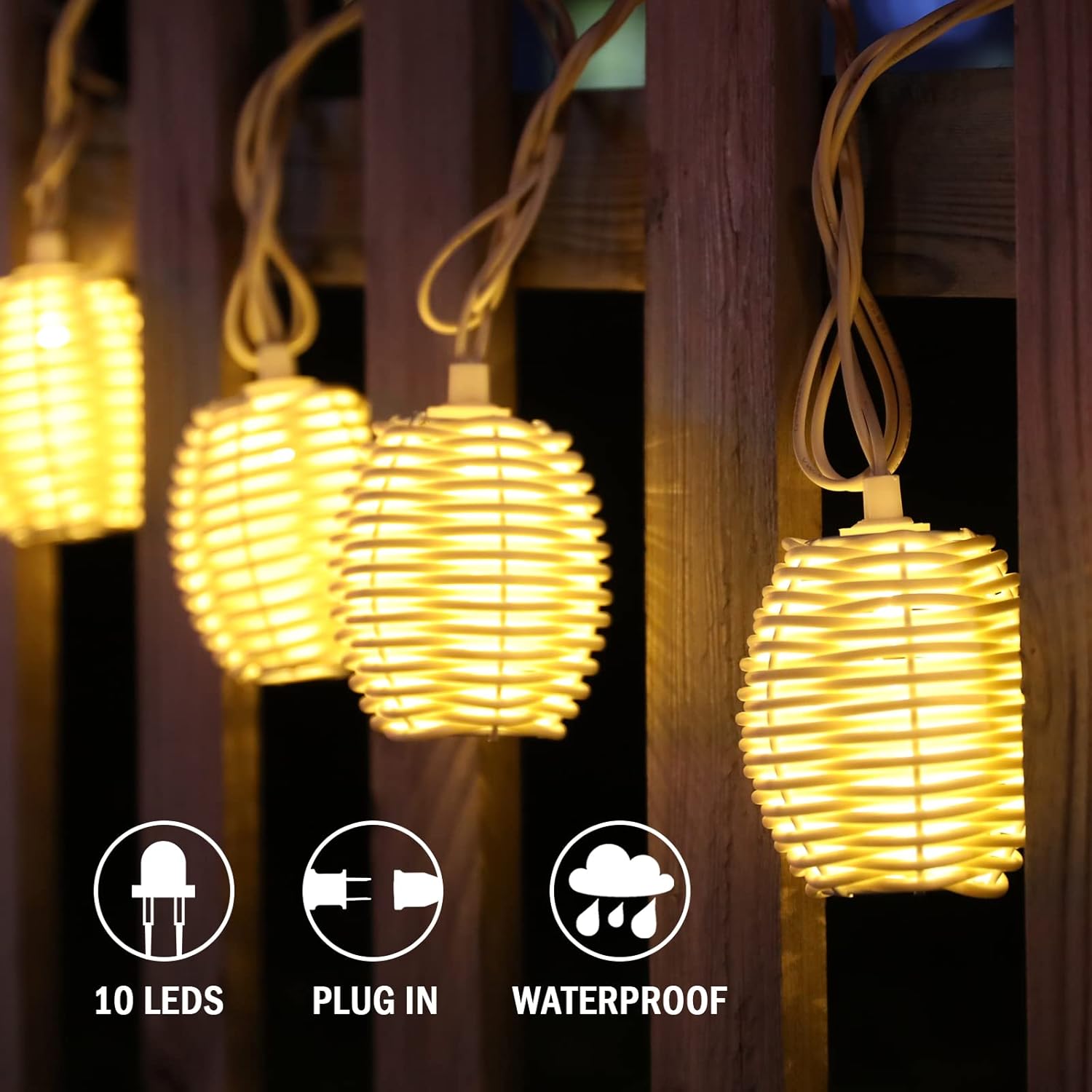 Vigdur Rattan - Lantern String Lights with 10 Led Bulbs Connectable Indoor Outdoor Decorative Lights for Balcony Patio Garden Wedding Bedroom Party Decor
