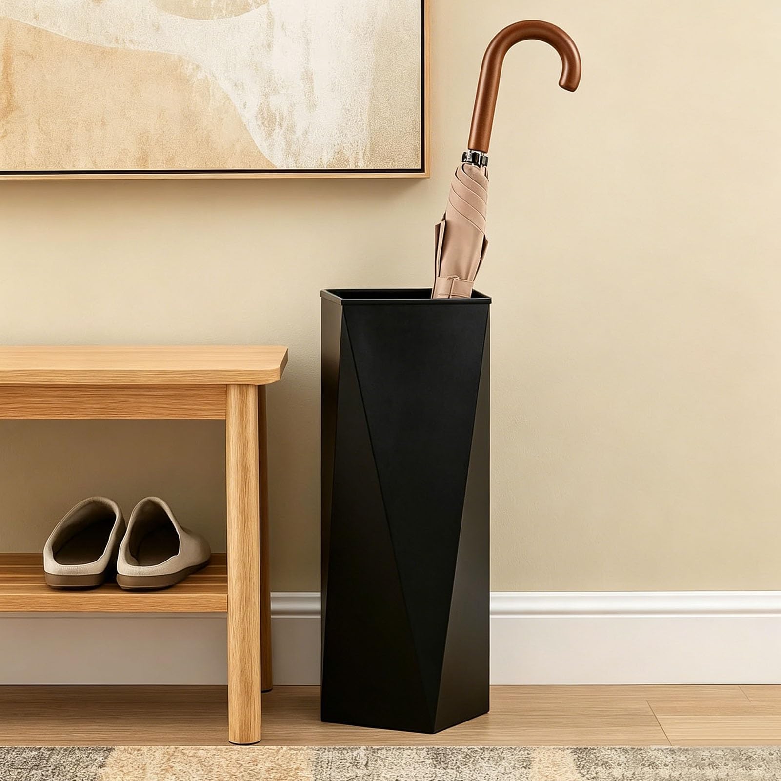 Hamankim Metal Umbrella Stand for Entryway, Modern Geometric Freestanding Umbrella Holder, Indoor Hotel Hallway Commercial Waterproof Umbrella Storage Bucket(Black)