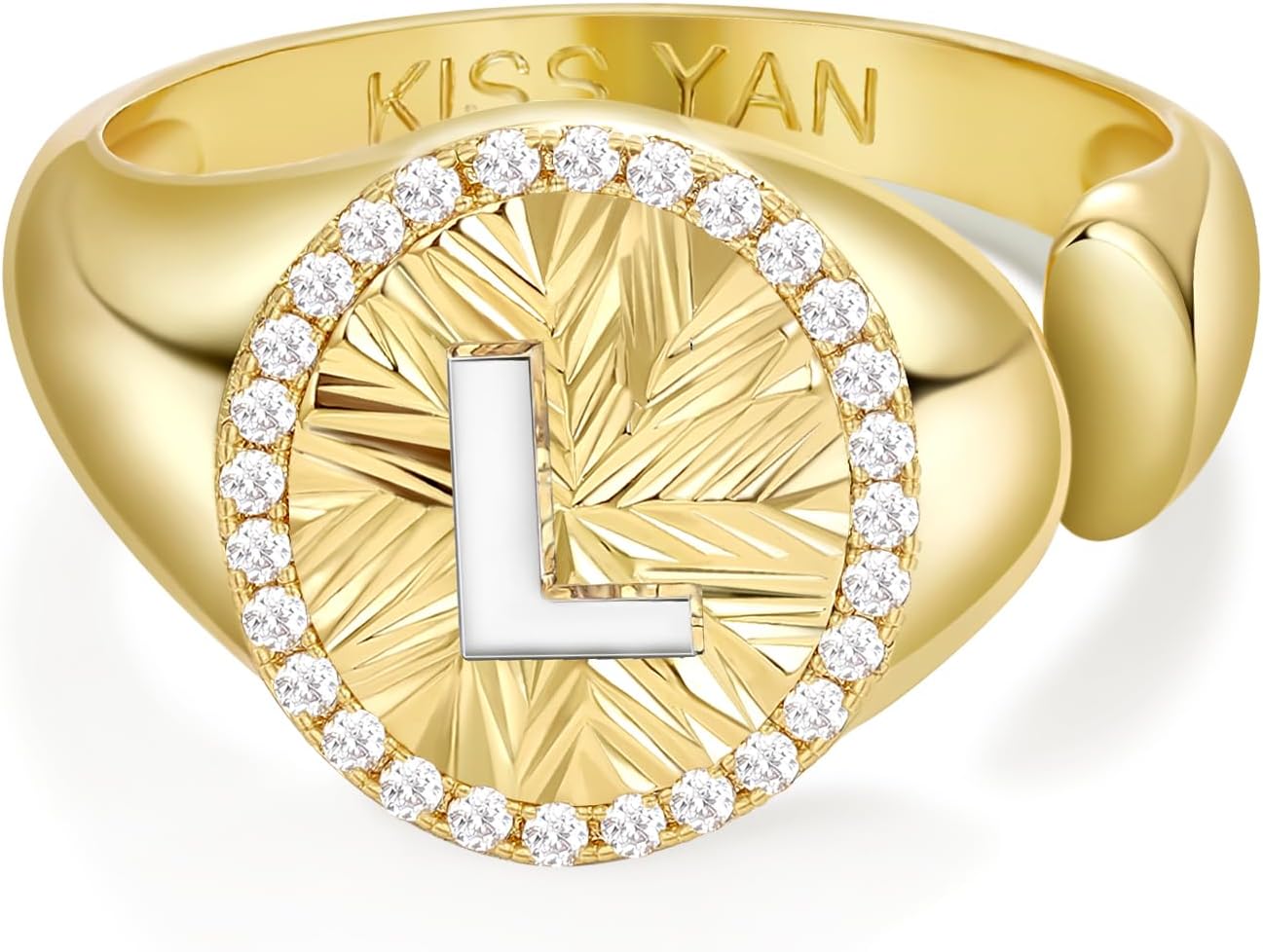 KissYan Initial Ring for Women,14K Gold Plated Adjustable CZ Halo Monogram Signet Letter Ring, Tarnish Resistant Personalized Statement Jewelry Gift