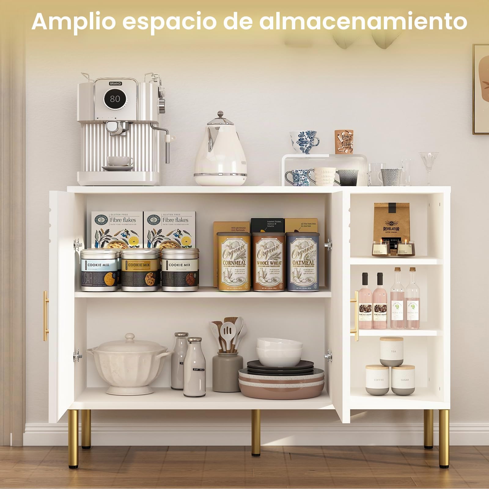 Aparador versátil con Textura Curva, Mueble de almacenaje de Madera con 2 Puertas y 3 estantes, Buffet con Almacenamiento, para salón, Cocina y Pasillo, Color Crema, 110 x 35 x 82 cm