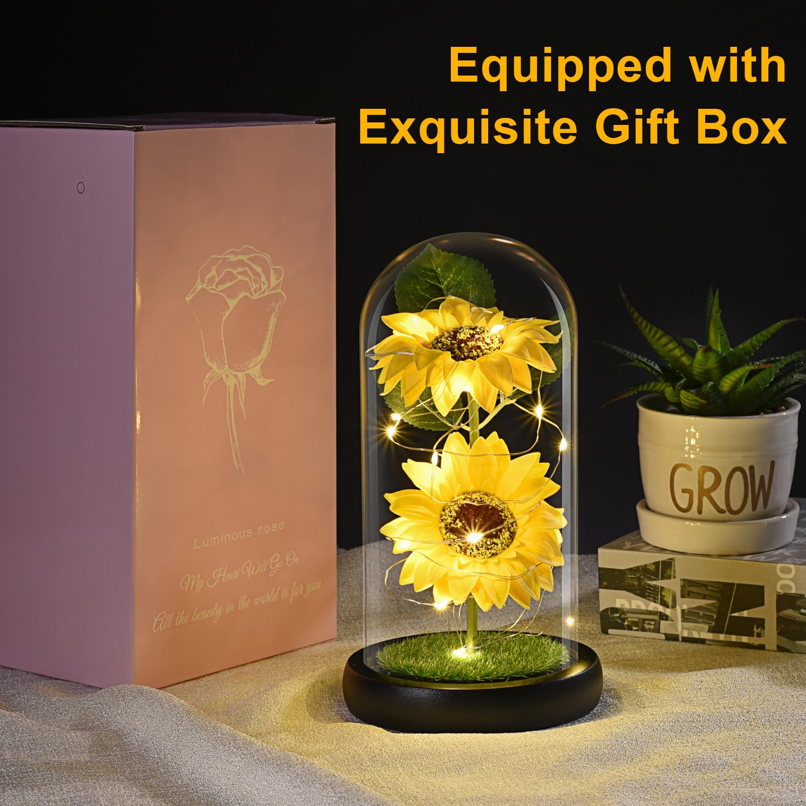 Girasole Eterno In Cupola Di Vetro Con Luci LED – Regalo Per Mamma, Nonna, Fidanzata – Decorazione Romantica Per Casa, Compleanno, Festa Della Mamma