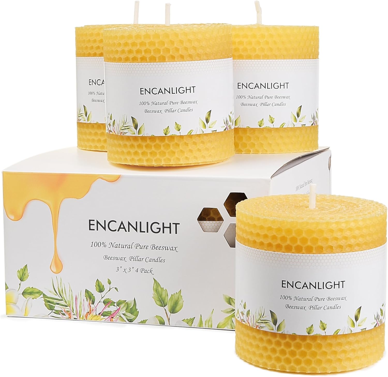 4 Pack Pure 3x3 inch Rolled Beewaxs Candle - 9 Hours Long Burning Honaycomb Candles, Dripless and Smokeless for Home Decor Party Wedding Dinner