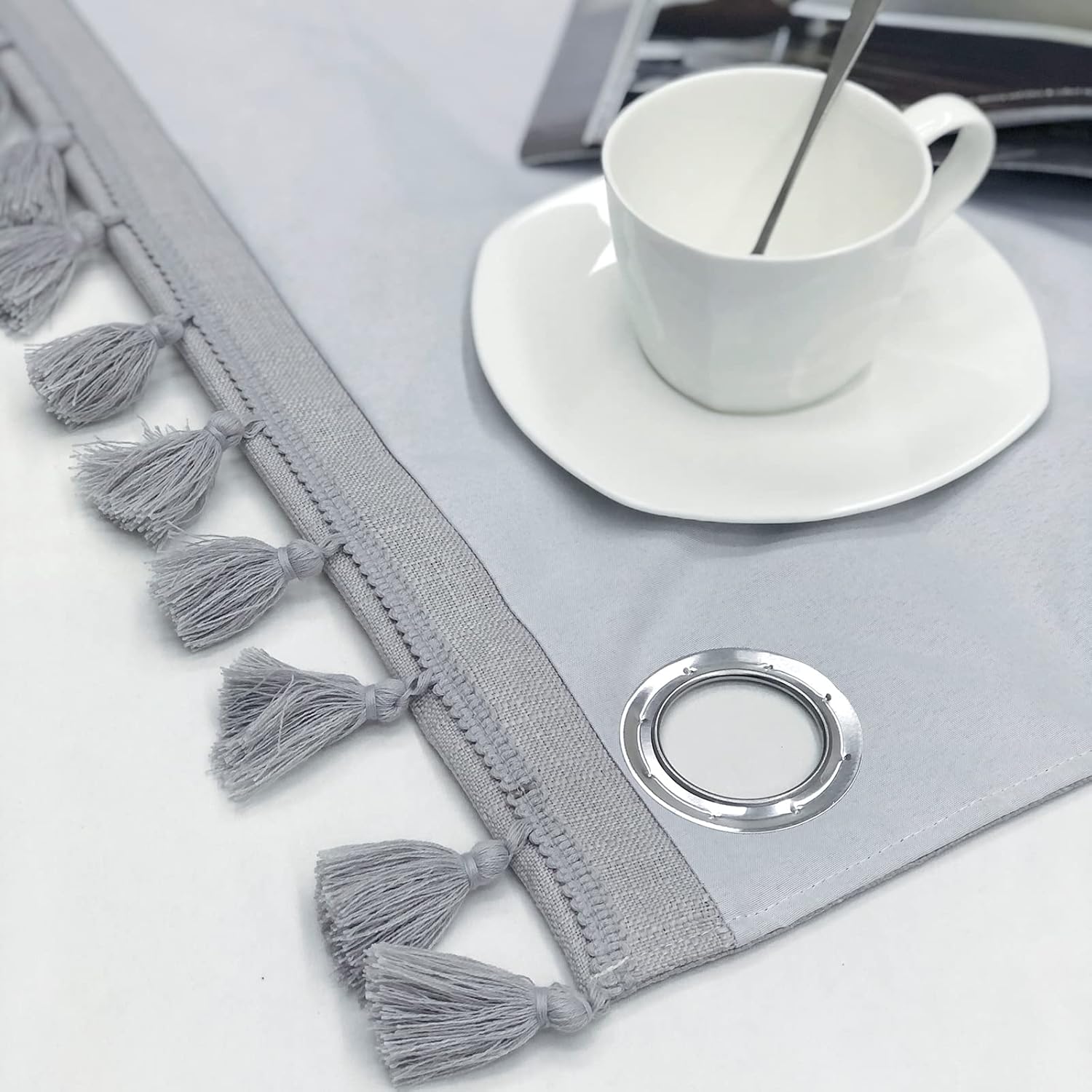 always4u 100% Blackout Burlap Tassels Curtains Thermal Insulated Energy Efficiency 63 Inch Length Faux Linen Casual Textured Window Curtains 2 Panels Silver