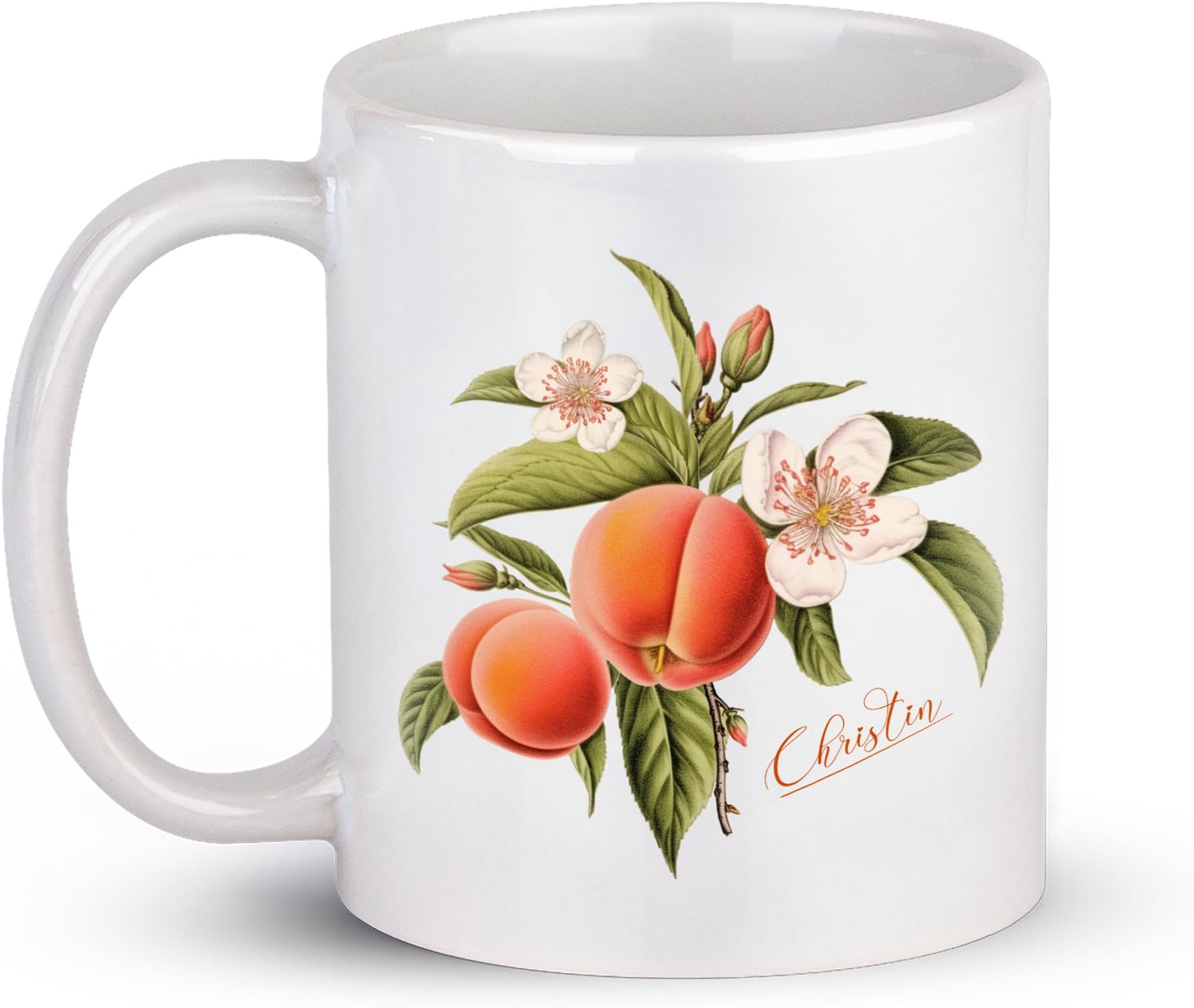 Personalized Name Peach Blossoms Mug, Funny Fruit Coffee Cup, Customized Prunus Persica Ceramic Mug 11 Oz 15 Oz, Novelty Peach Teacup Gifts For Men Women, Gift For Fruit Lovers