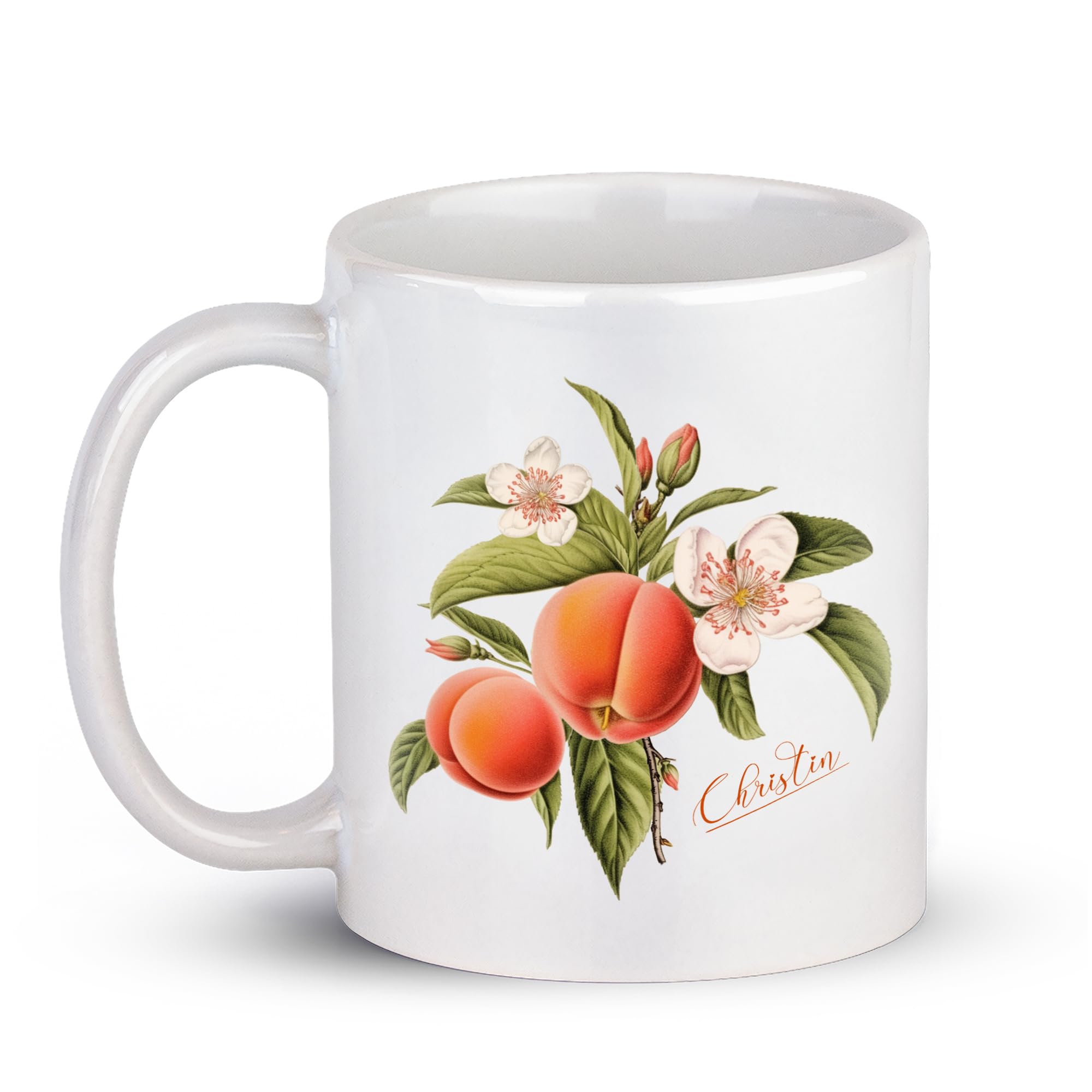 Personalized Name Peach Blossoms Mug, Funny Fruit Coffee Cup, Customized Prunus Persica Ceramic Mug 11 Oz 15 Oz, Novelty Peach Teacup Gifts For Men Women, Gift For Fruit Lovers