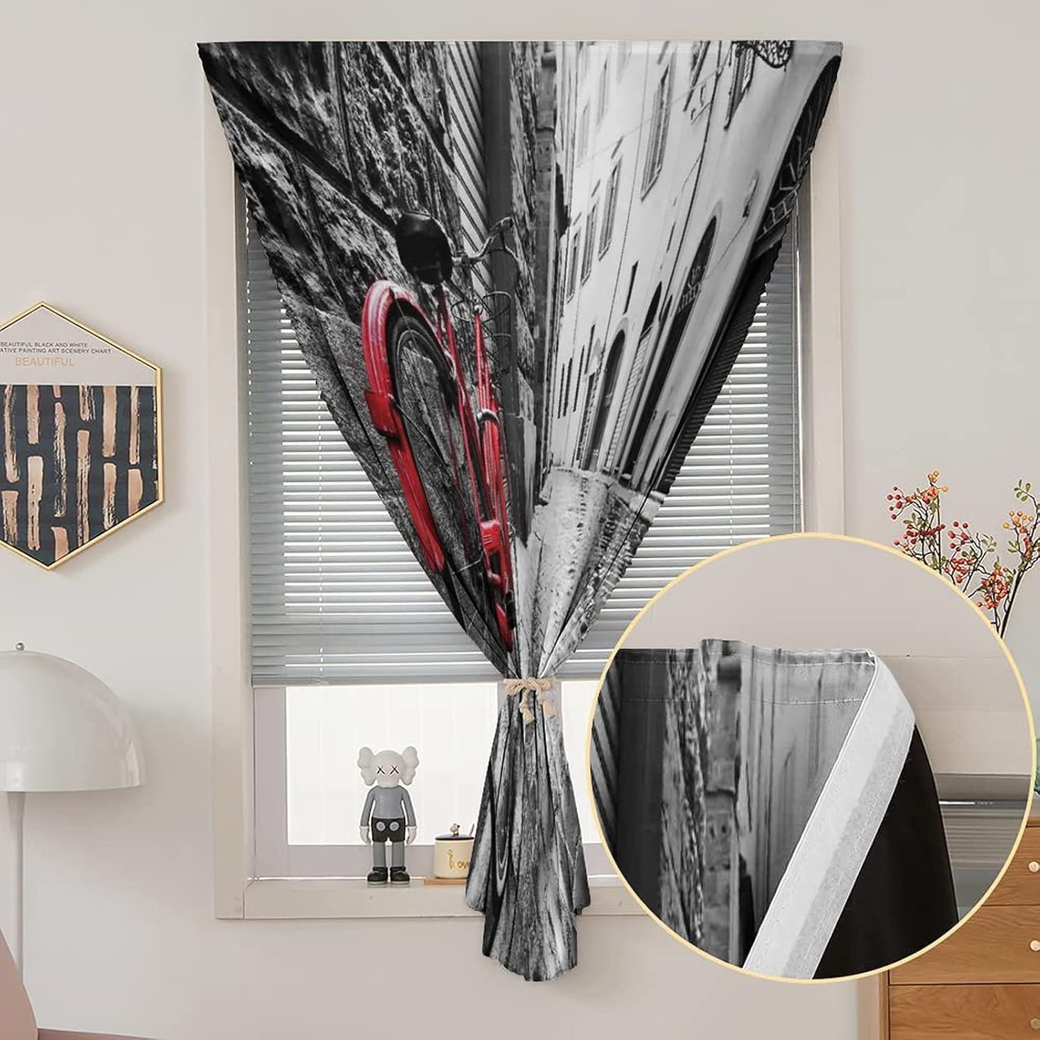 Self Adhesive Portable Blackout Curtains, Bicycle Room Darkening Curtains, Classic Bike on Cobblestone Street in Italian Town Print Temporary Blackout Blinds,47W x63L Inches, for Bathroom Bedroom