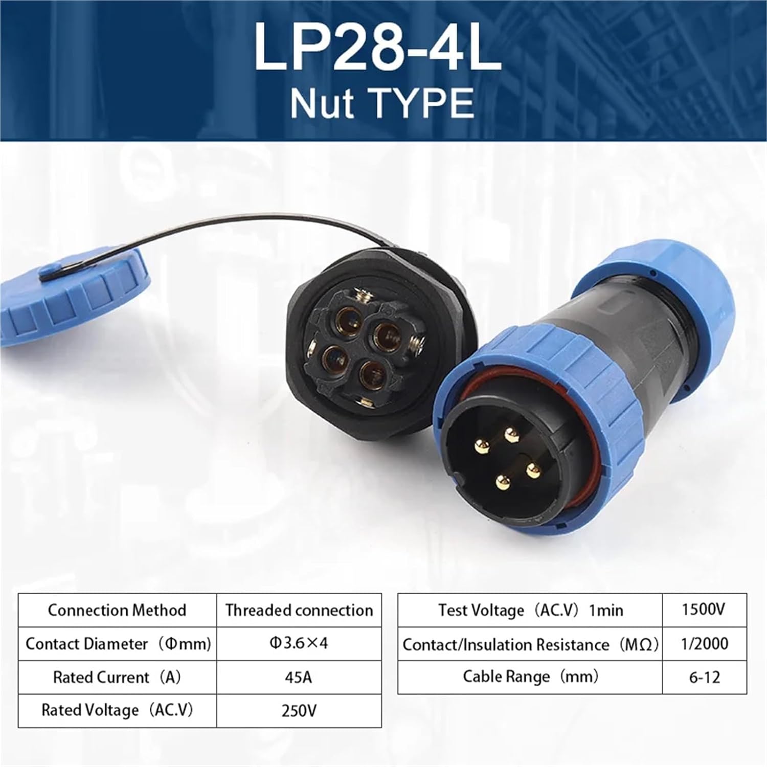 1PCS LP28/SP28 IP68 Back Nut Waterproof Connector 2/3/4 Pin Screw Connection Socket Electrical Cable Connectors Set(LP28-4L)