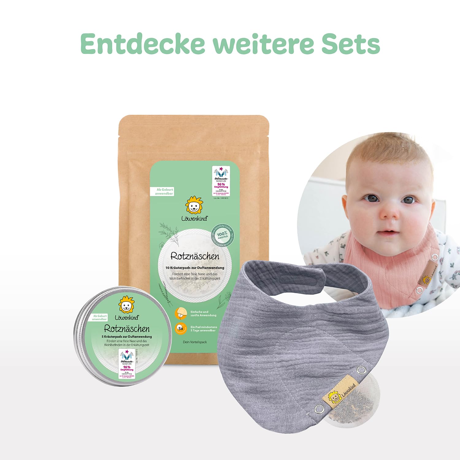 LÖWENKIND Especial para dolores de cabeza comunes, tiempo de resfriado, dentición, sueño, molestias abdominales, inquietud, 5 x 5 almohadillas de hierbas naturales, pañuelo de muselina de algodón