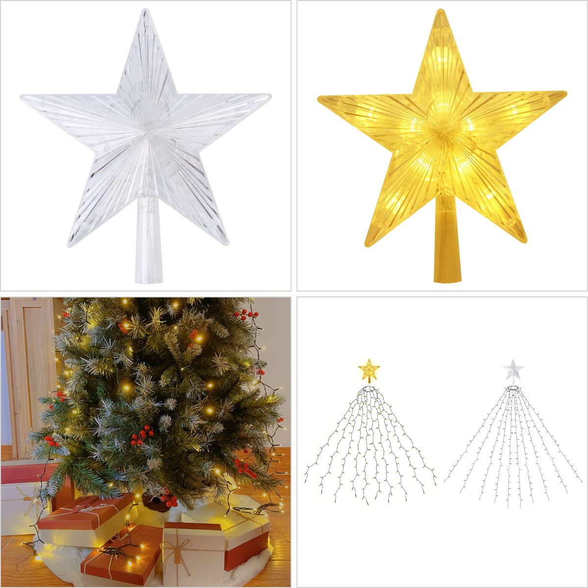 SALCAR 3m Christbaumbeleuchtung mit Ring, 10 Girlanden und Sternspitze, 360er LED Lichterkette Tannenbaum Christmas Tree Lights mit 8 Modi, Warmweiß