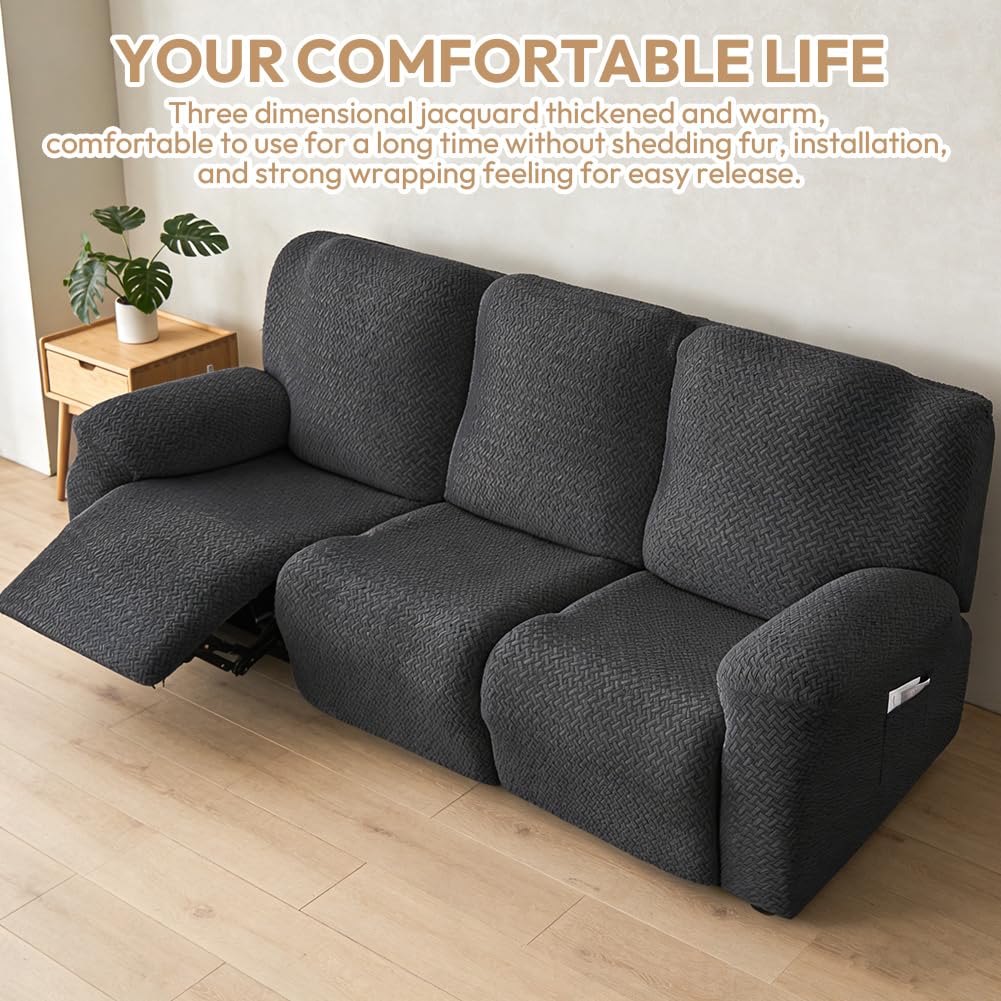 Paquete de 8 fundas para sillón relax de 3 plazas, funda extensible todo en uno, lavables, con bolsillos, funda para sillón, para sillón de TV, tumbona (gris oscuro)