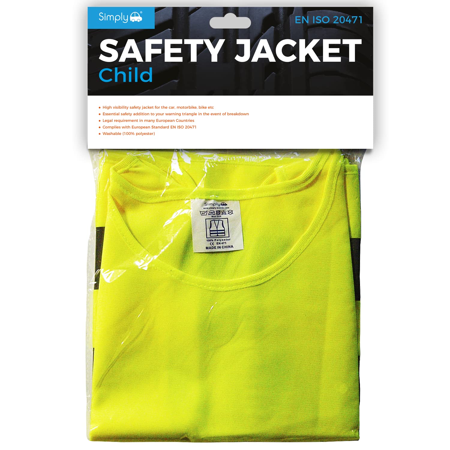 Simply SHV2 High Viz Child Safety Jacket, Bright Yellow Refective Waist Bands, Velcro Fastening, Comforms to EN471, Universal Fit