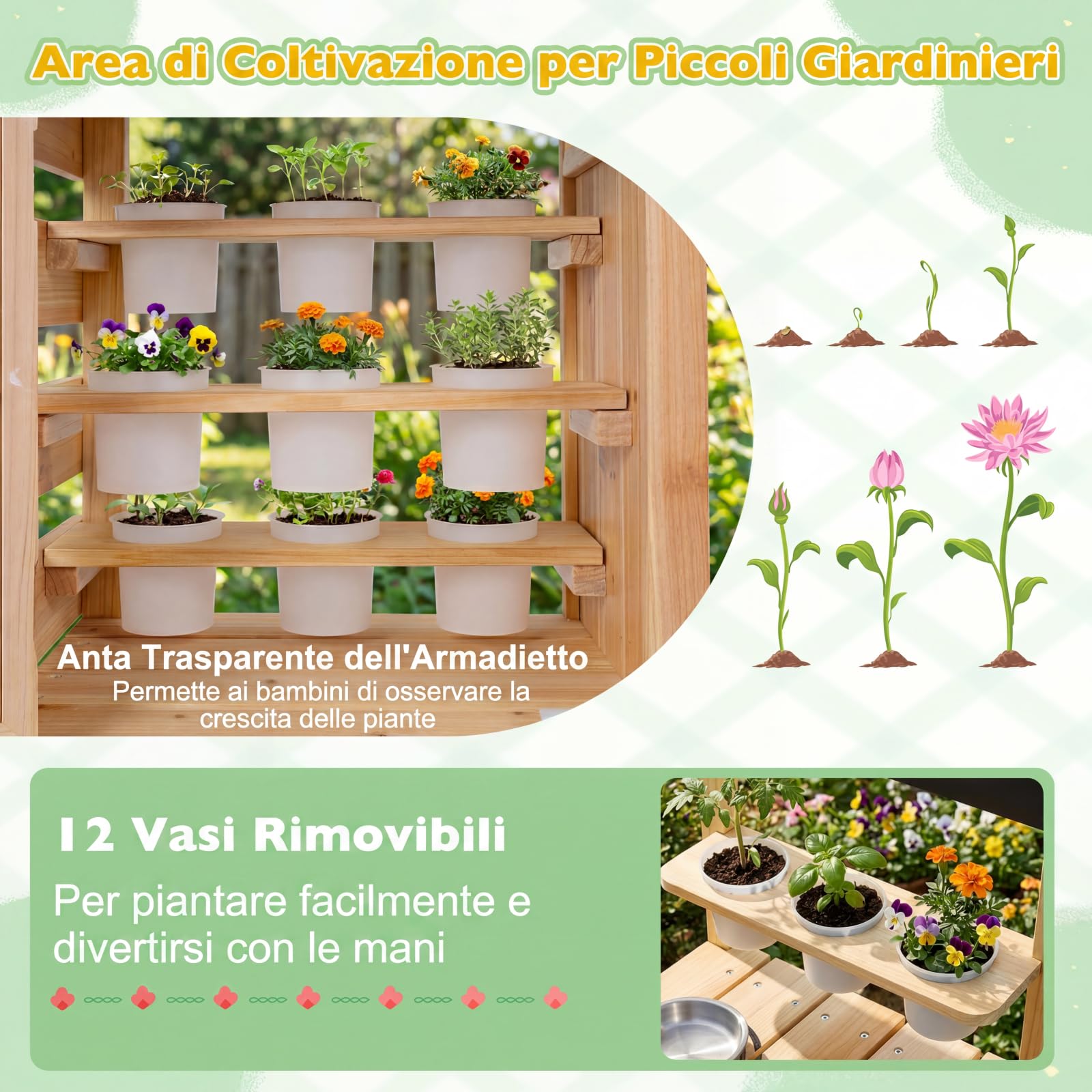 COSTWAY Cucina per Bambini in Legno, Cucina di Fango da Esterno con Serbatoio, Lavello, 12 Vasi di Fiori Rimovibili, Lavagna, Ripiano Inferiore e Accessori per Cucinare per Bambini 3+ Anni