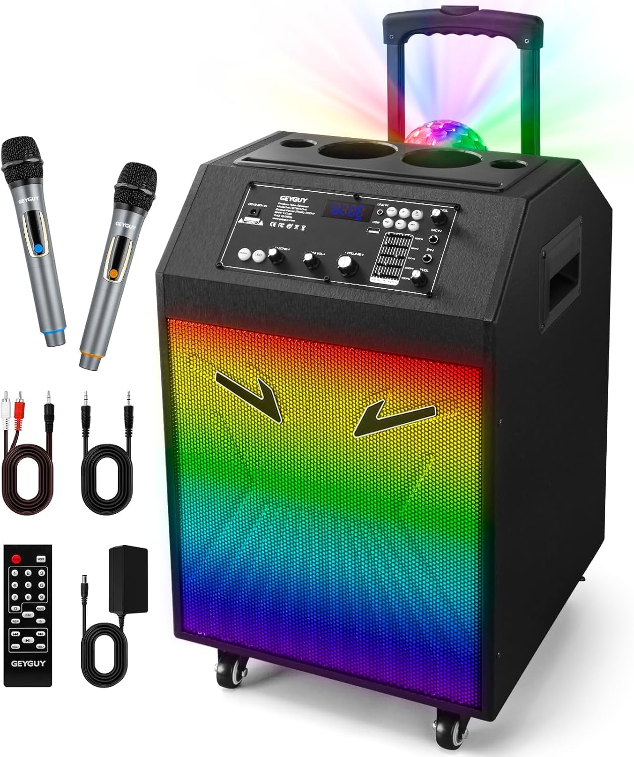 Karaoke Maschine Ankuka Karaoke Anlage mit 2 drahtlosen Mikrofonen Bluetooth PA Anlage mit Rädern und Disco Lichtern, unterstützt TV/TWS/EQ/AUX/USB/TF/Rec für Party, Geburtstag