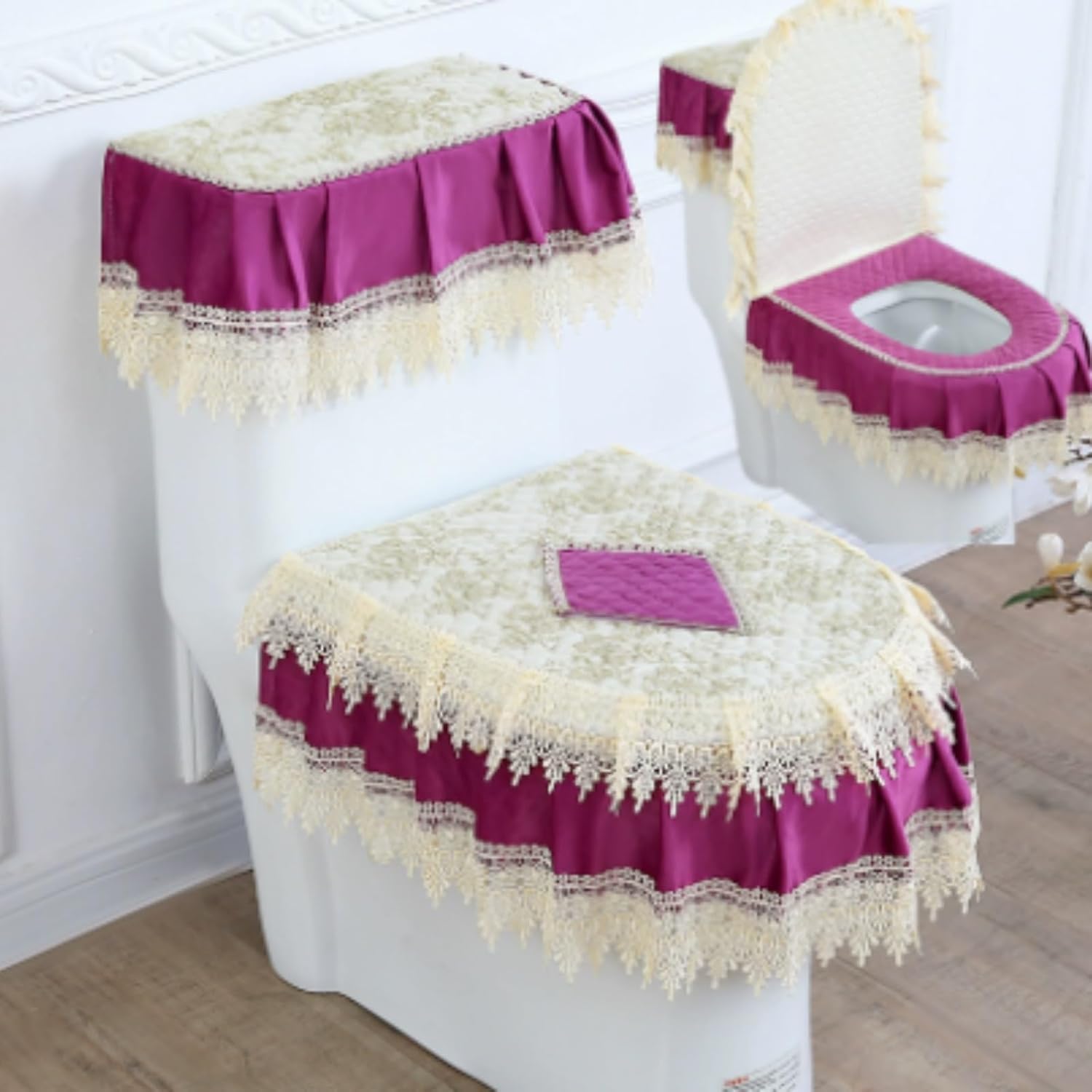 3PCS Toilet Seat Cover Set,Soft Microfiber Bathroom Toilet Lid Cover,Warmer Comfortable Seat Cushions,Embroidery Lace Toilet Mat for All Seasons(E)