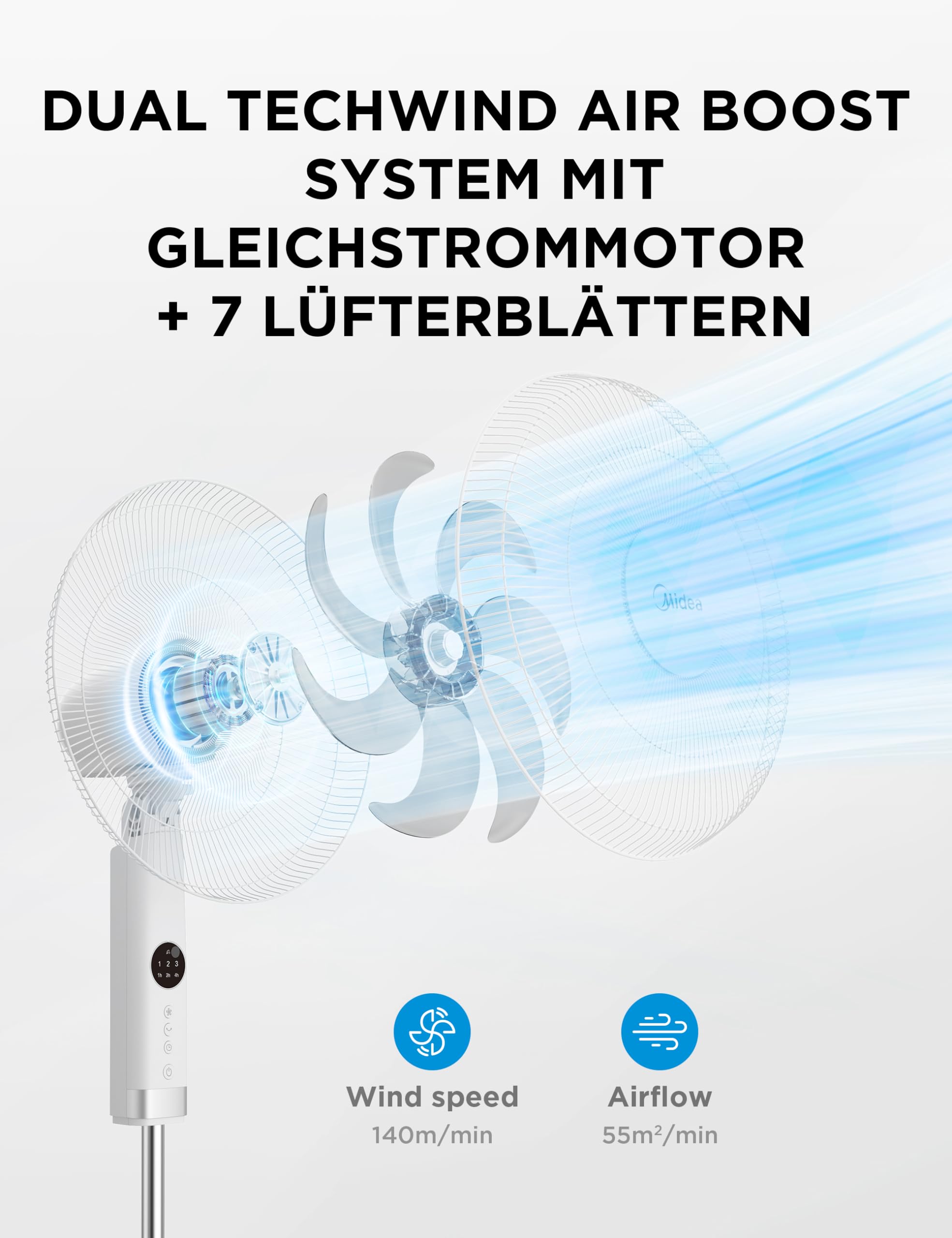 Midea FS40-23MR Standventilator 3 Geschwindigkeiten Teleskophöhe Fernbedienung 90-Grad Schwingung