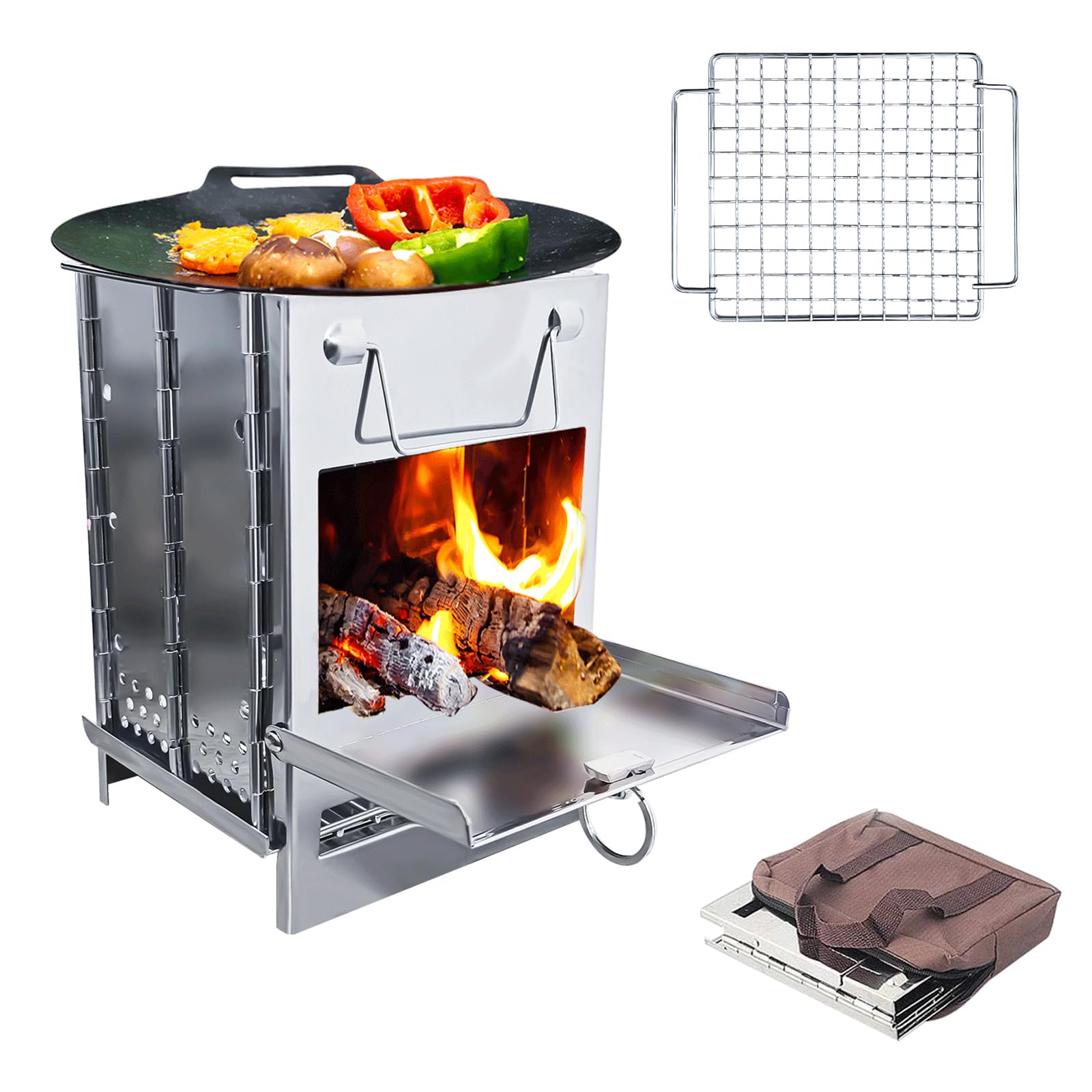 Estufa plegable de camping y parrilla, estufa plegable portátil de acero inoxidable, estufa de camping para cocinar al aire libre, senderismo, supervivencia, viajes, picnic, barbacoa (6.3 x 6.3 x 8.7
