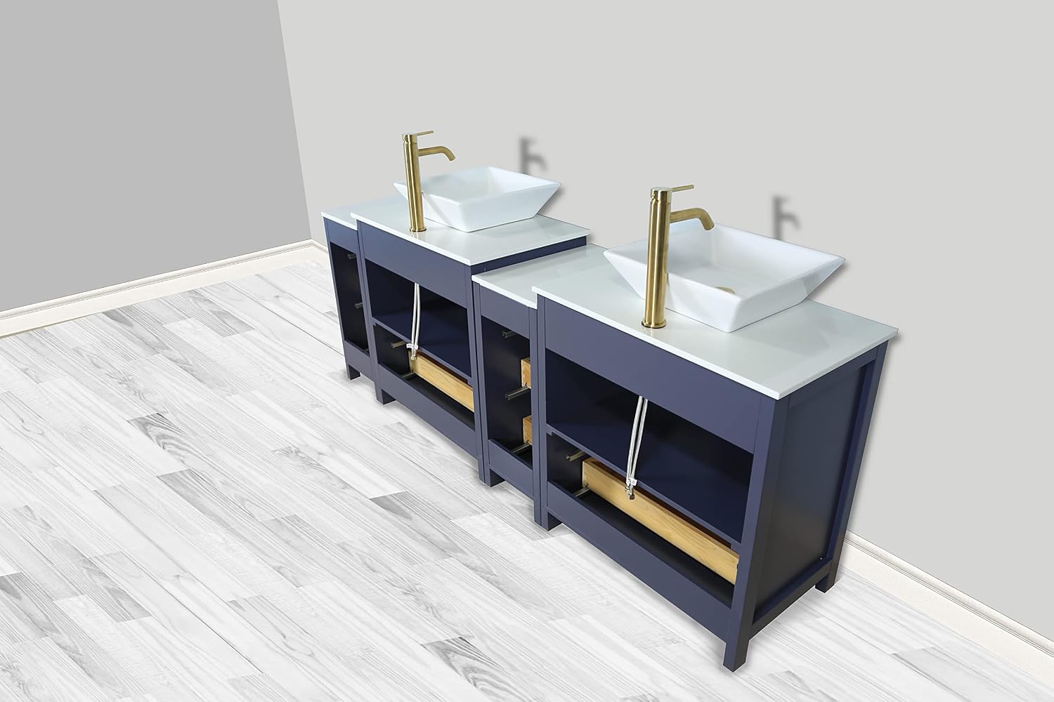 Vanity Art 84 Inch Vessel Double Sink Bathroom Vanity Cabinet with 2 Mirrors, Engineered Marble Top Bathroom Cabinet Compact Set with 10 Dovetail Drawers and Soft Closing Doors, VA3130-84B