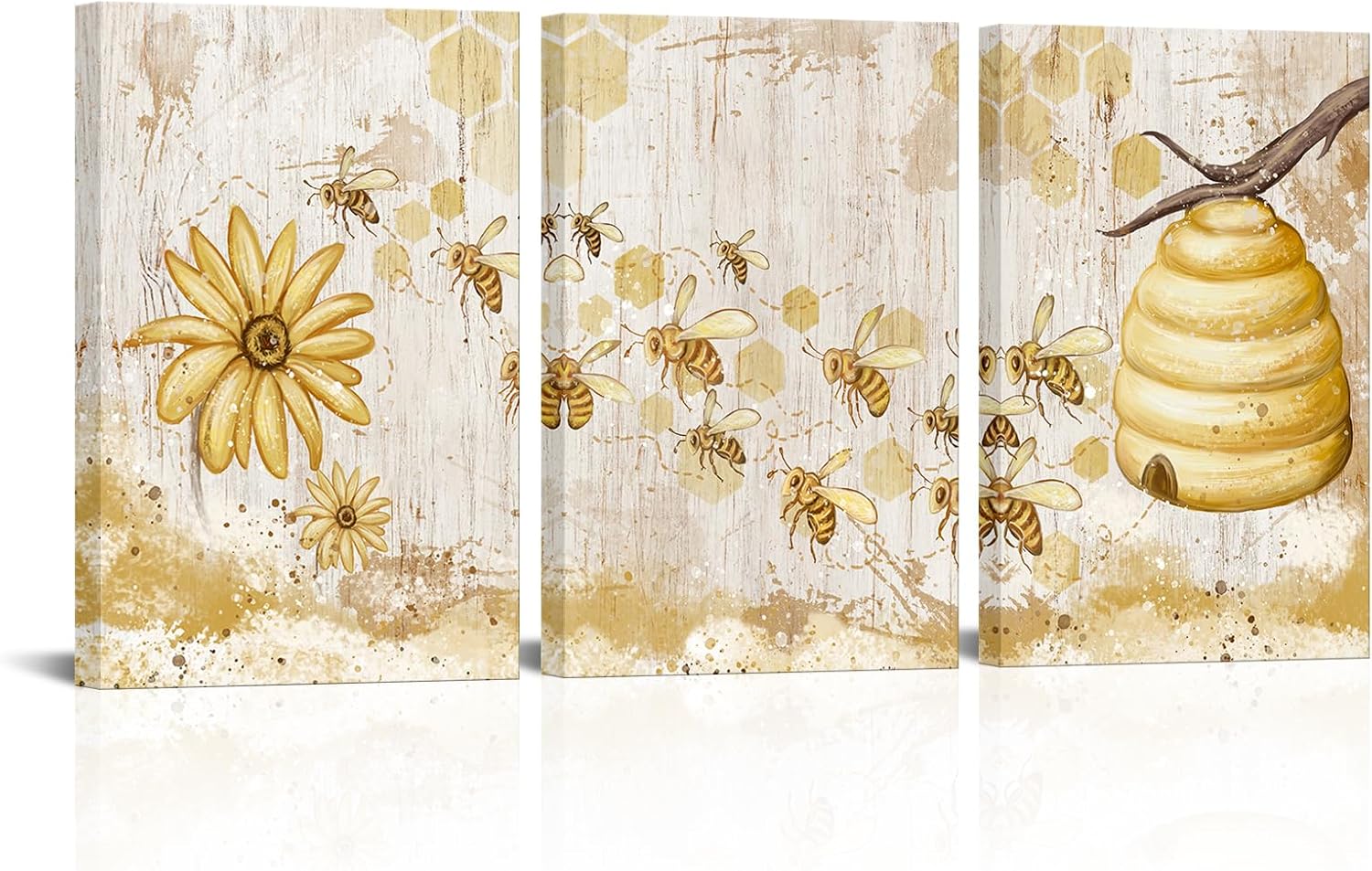 FuShvre Yellow and Grey Canvas Wall Art Honey Bee with Daisy Painting Prints Insect Pictures for Farmhouse Kitchen Decor Framed Ready to Hang 12"x16" Each (Small) (Small, Grey)